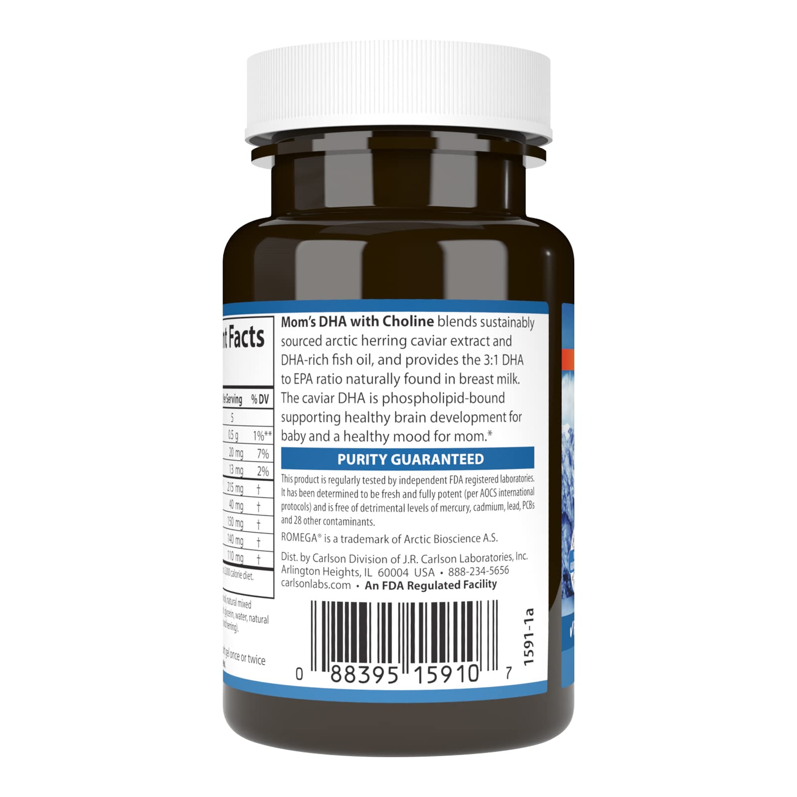 Carlson Mom's DHA avec Choline — étiquette indiquant le ratio DHA:EPA et les composants