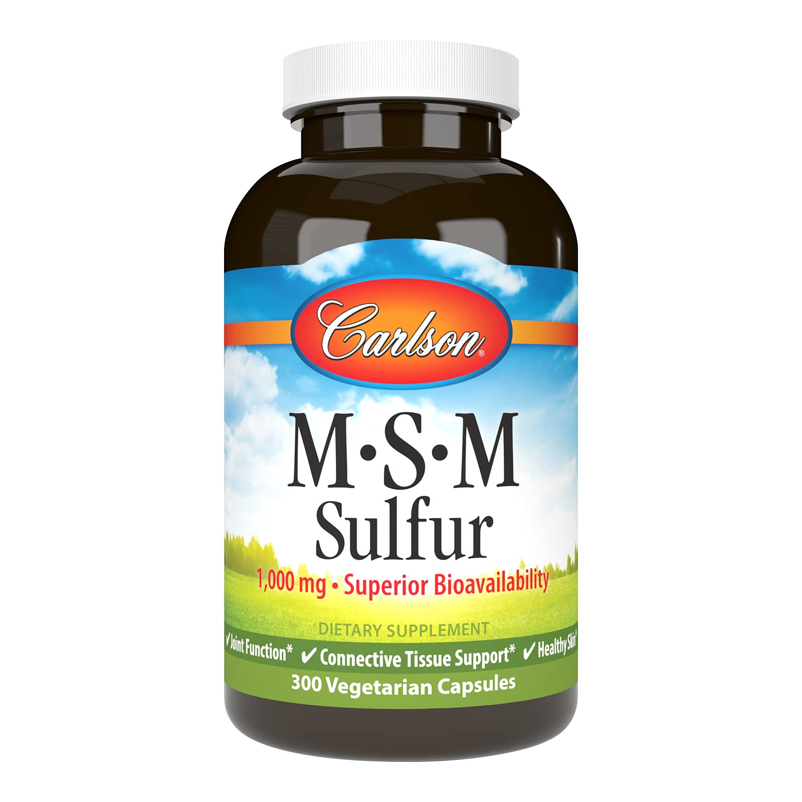 Carlson MSM Soufre 1000 mg - bouteille avec étiquette montrant le soutien articulaire potentiel.