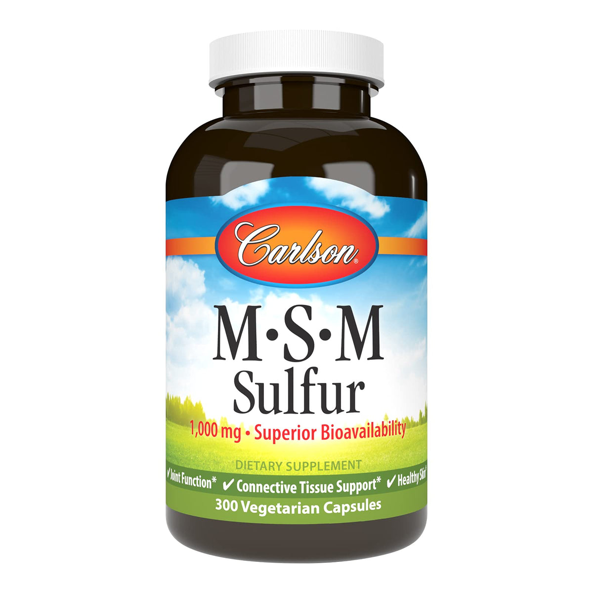 Carlson MSM Soufre 1000 mg - bouteille avec étiquette montrant le soutien articulaire potentiel.
