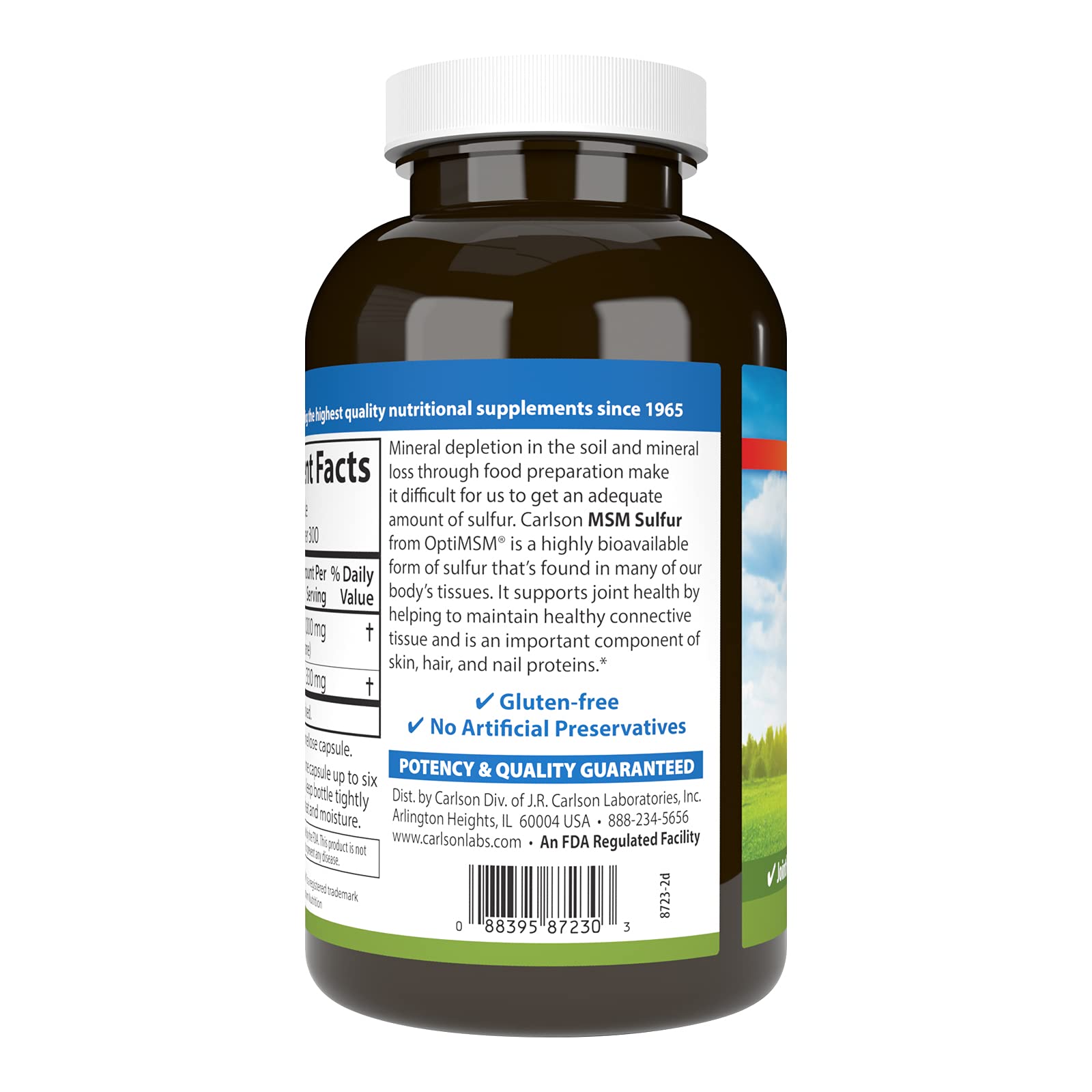 Carlson MSM Soufre 1000 mg - étiquette indiquant usage potentiel et bien-être général.