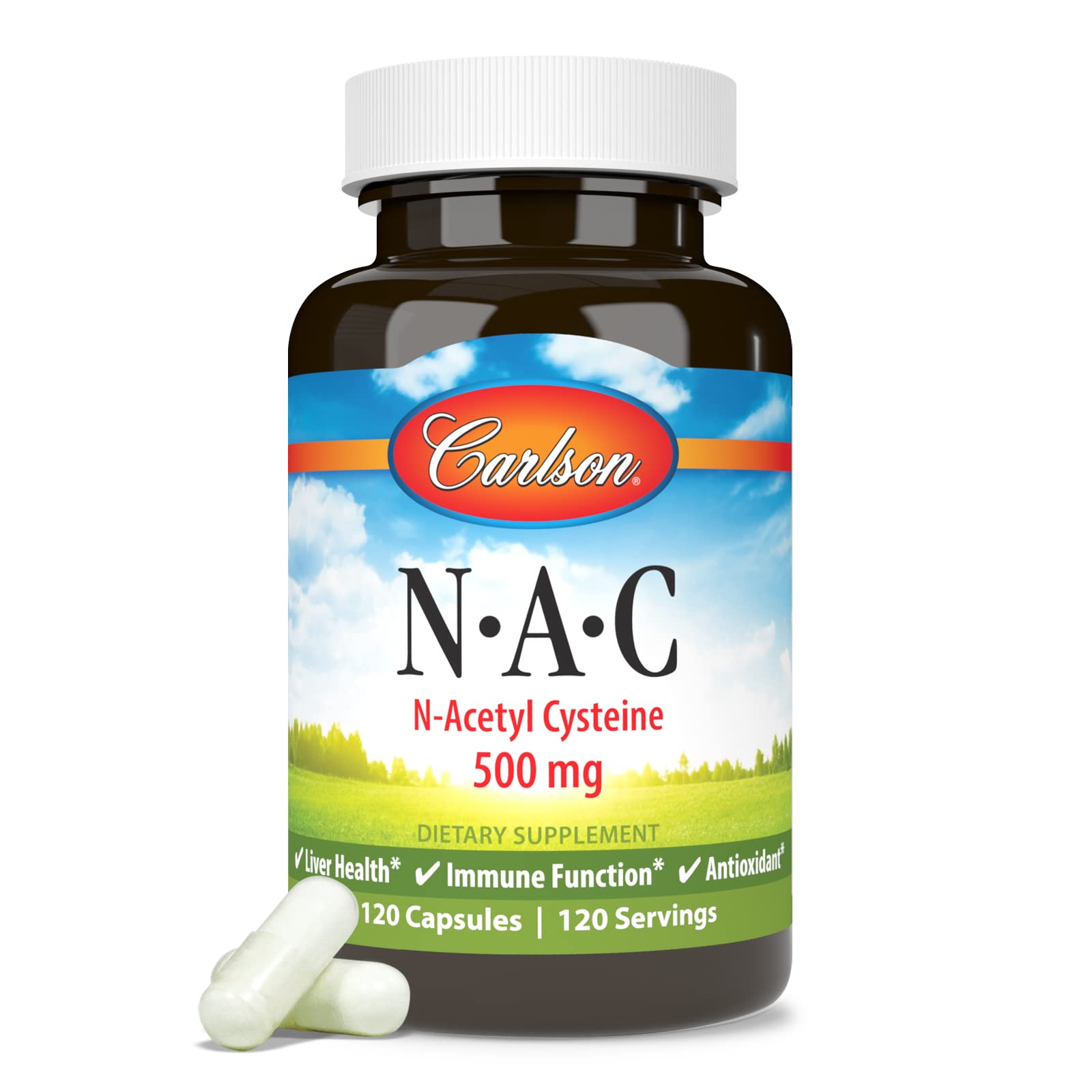 Flacon Carlson NAC sur plan de travail, symbole d’antioxydants.