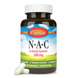 Flacon Carlson NAC sur plan de travail, symbole d’antioxydants.