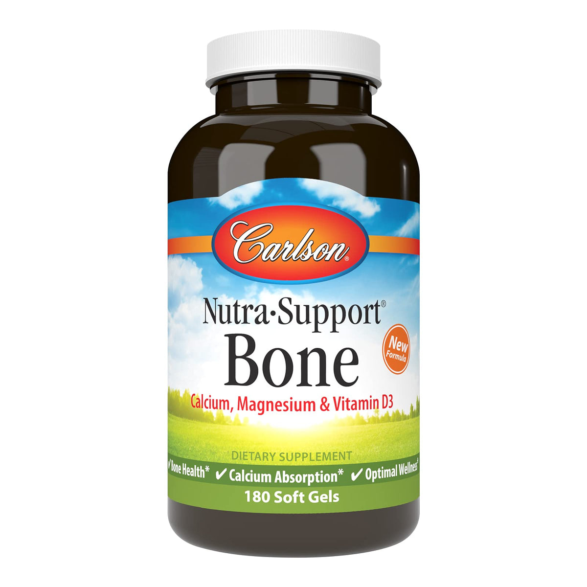 Carlson Nutra-Support Os : bouteille de gélules molles favorisant le soutien des os et l'absorption du calcium.