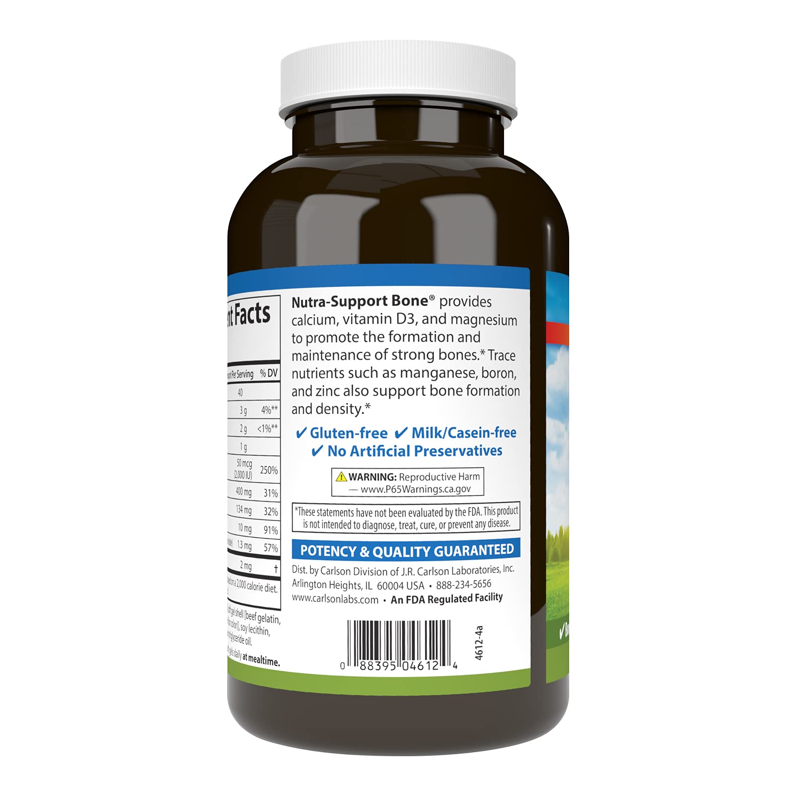 Carlson Nutra-Support Os : étiquette lisible indiquant ingrédients et dosages pour référence.