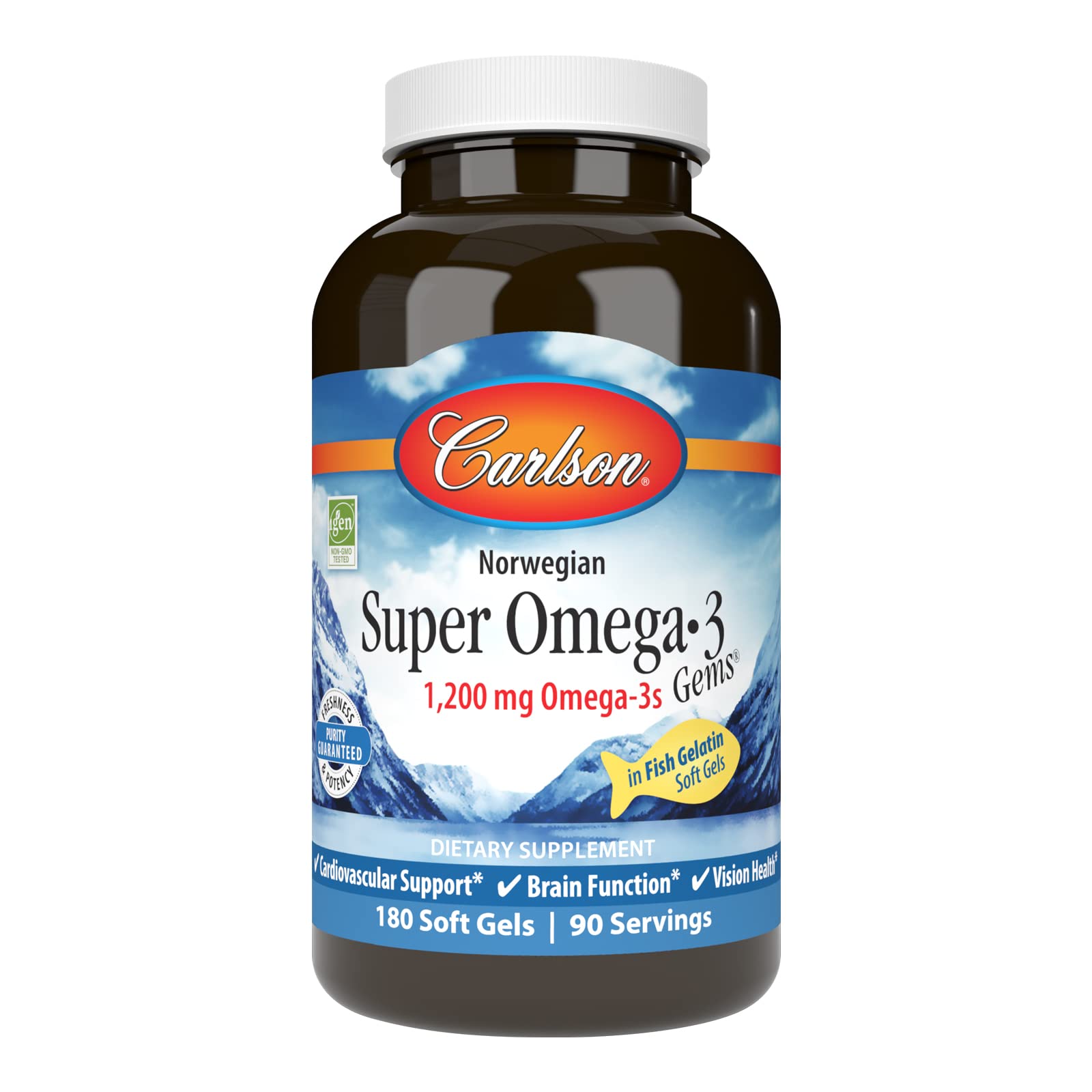 Carlson omega-3 perles sur bouteille, soutien potentiel au cœur et à la circulation.