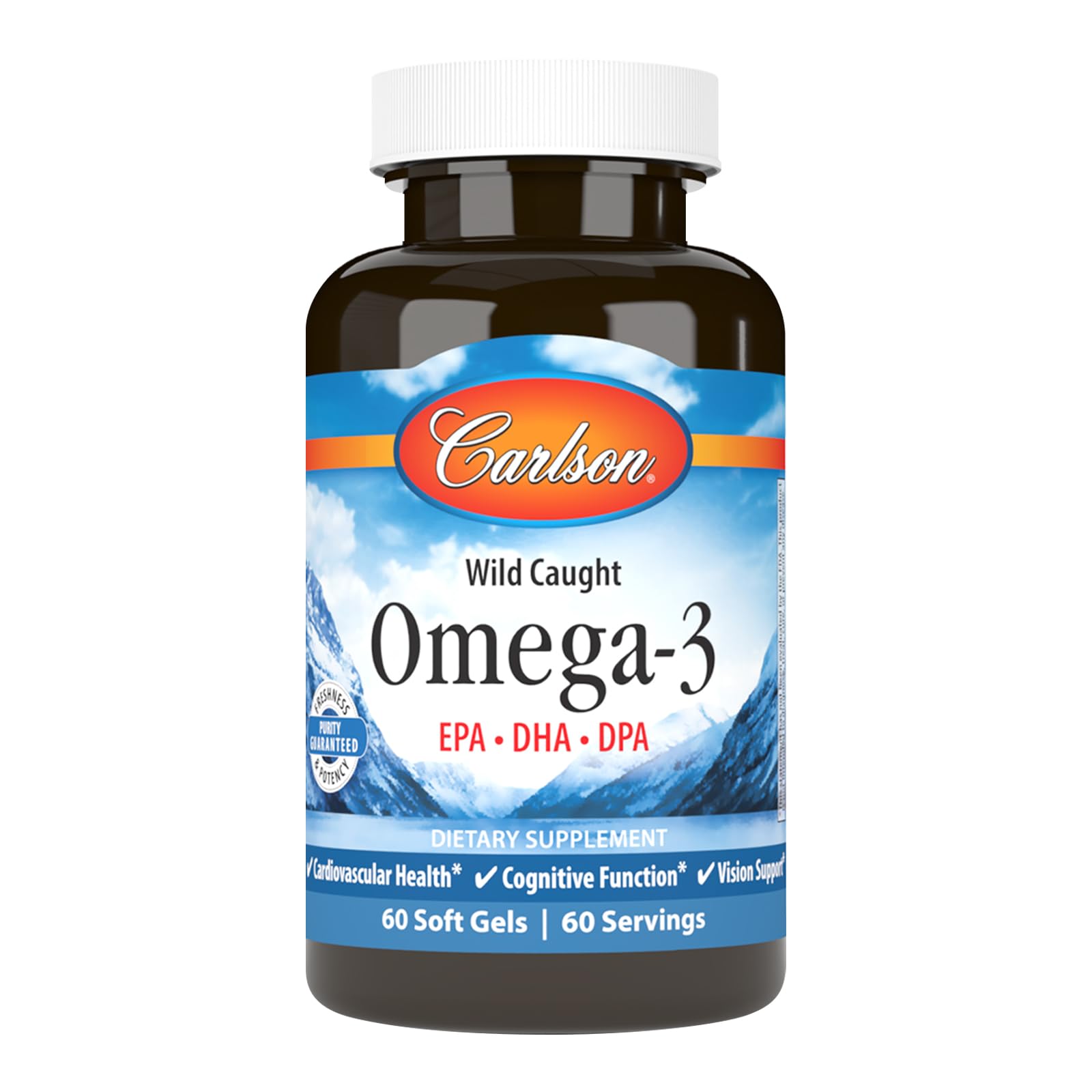 Carlson Omega-3 gélules dans une bouteille, pratique pour un apport quotidien.