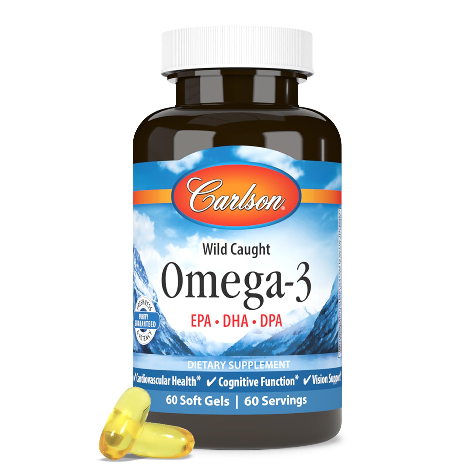 Capuchon de la bouteille Carlson Omega-3, fermeture sécurisée et pratique.