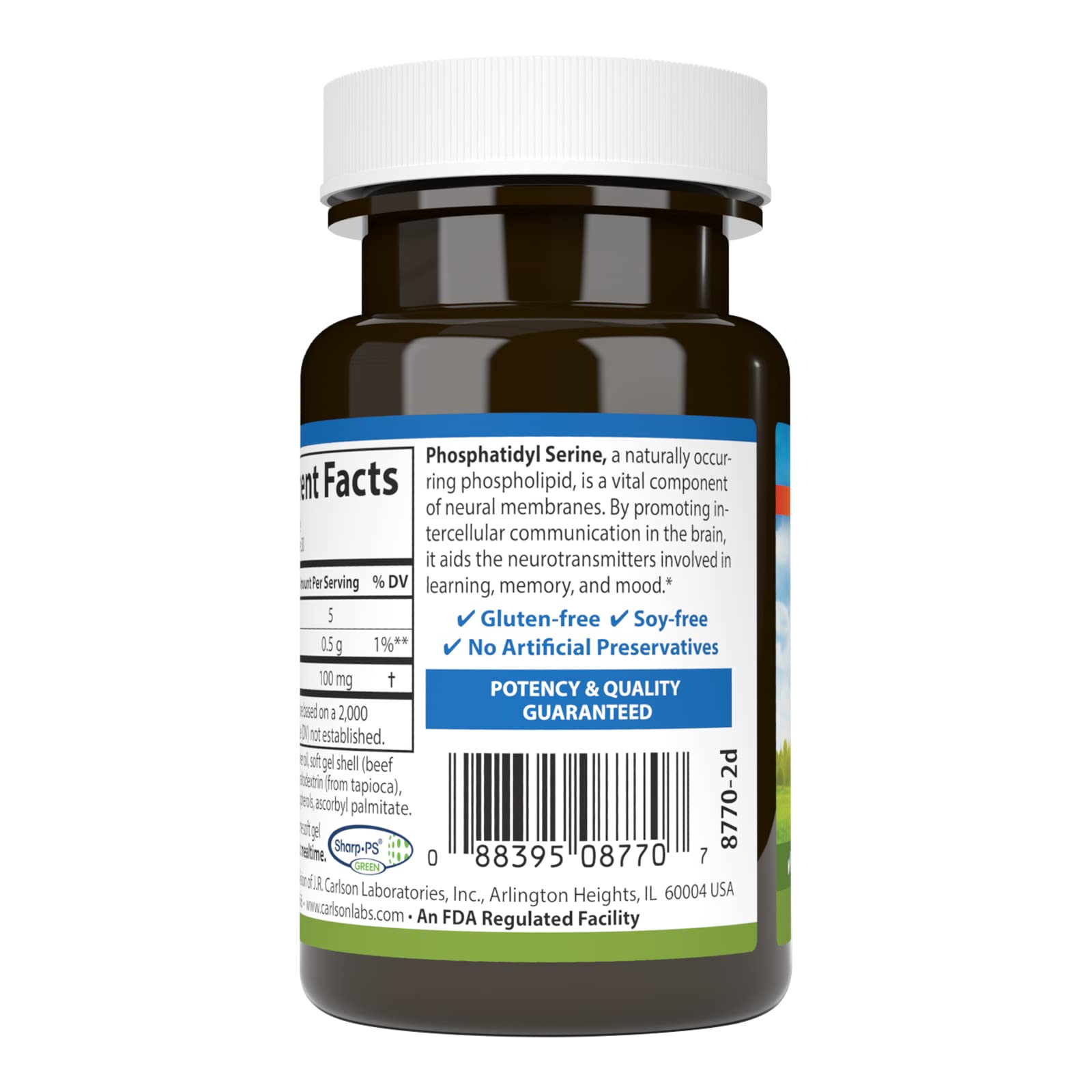 Carlson phosphatidylserine, capsules-dans-boite-ouverte, potentiel soutien des fonctions cerebrales au quotidien