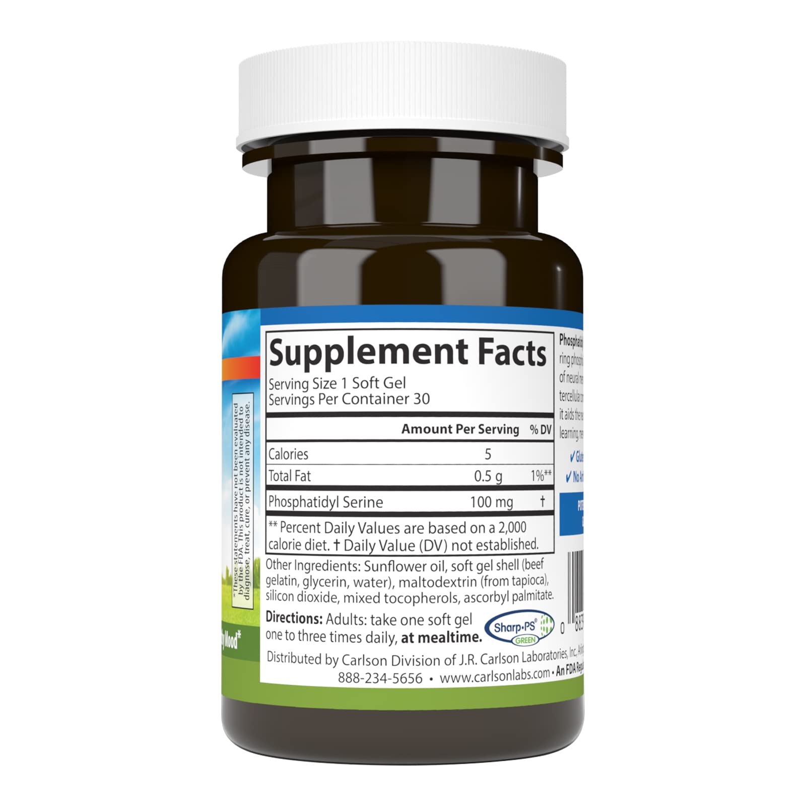 Carlson phosphatidylserine, etiquette-devant, présentation soignée et fiabilité du produit