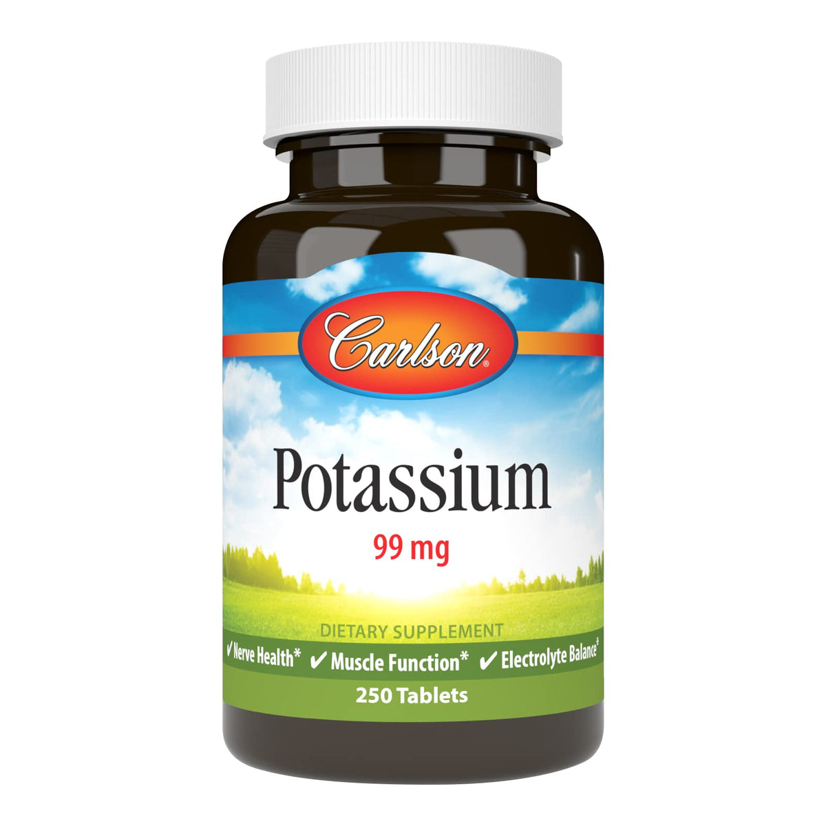 Carlson Potassium 99 mg, tablettes visibles dans la bouteille, soutien des nerfs et muscles.