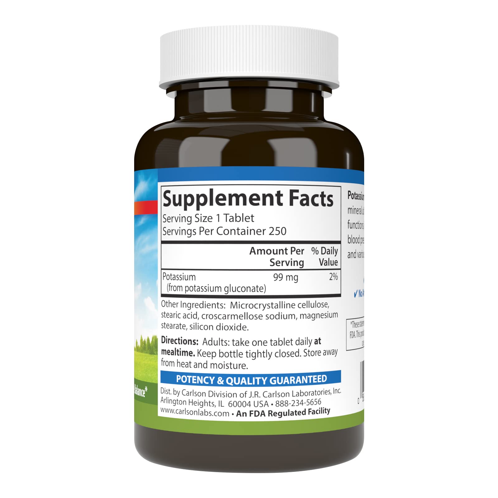 Carlson Potassium, flacon et tablettes, équilibre hydrique potentiel et maintien du rythme cardiaque.
