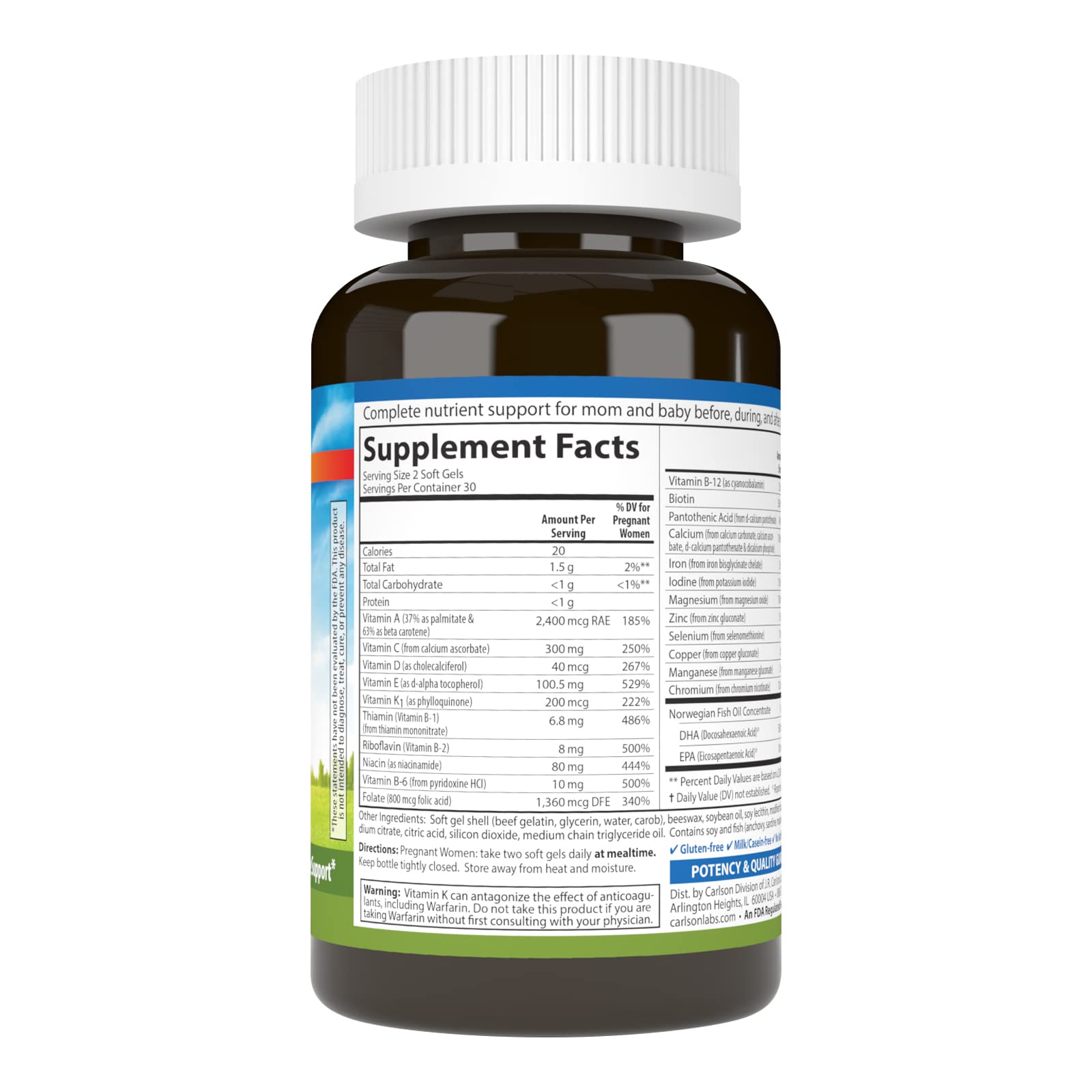 Carlson Prenatal – capsules, apport DHA et vitamine D3 potentiellement bénéfique.