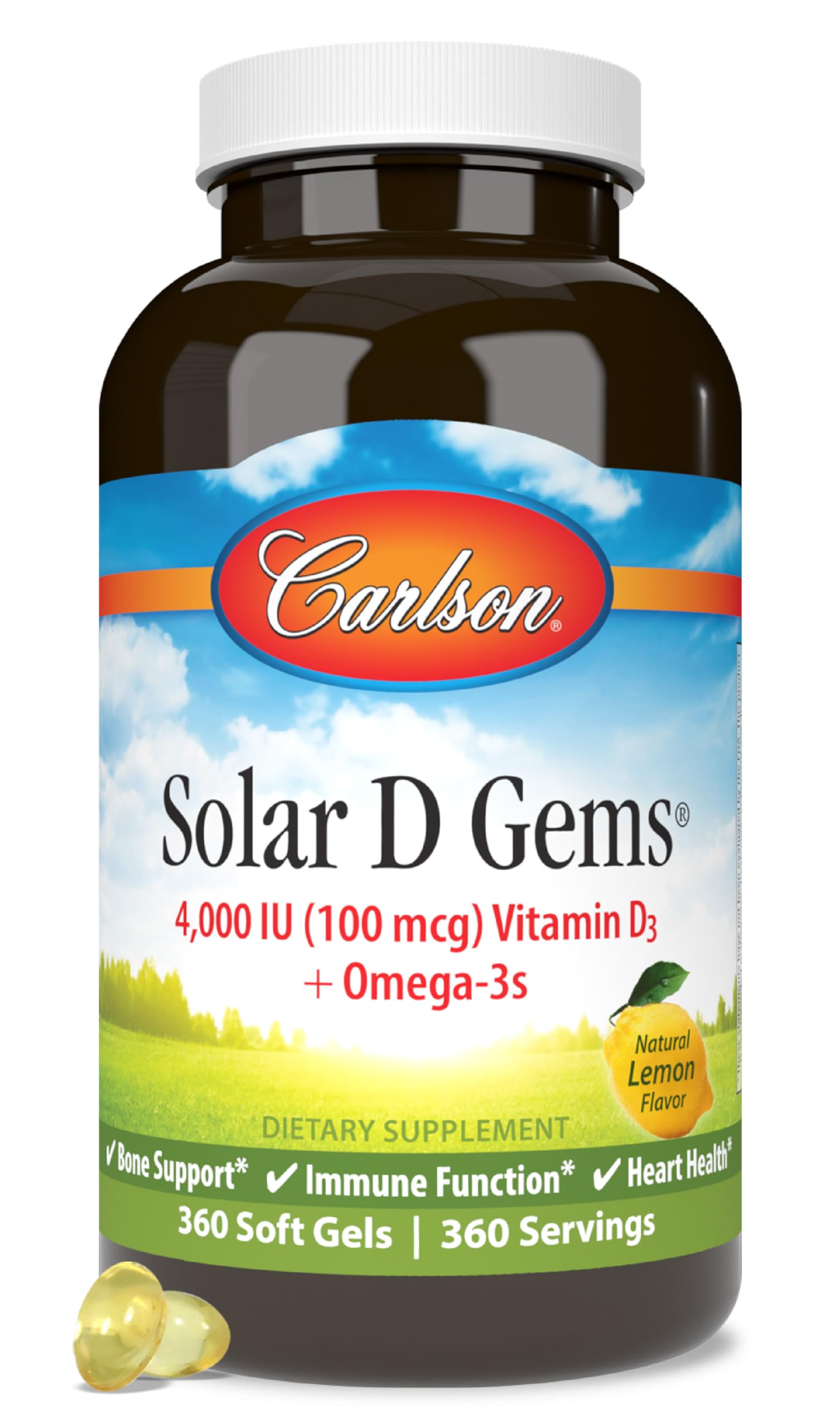 Carlson Solar D Gems : bouteille citron, complément pour la santé osseuse et immunitaire.