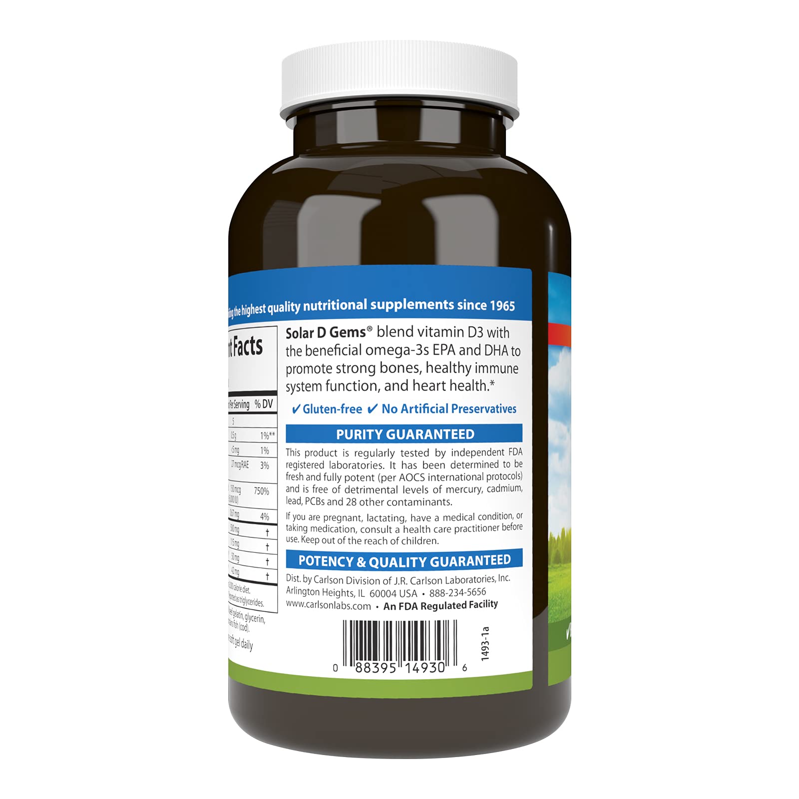 Capsules omega3 Carlson Solar D Gems, association vitamine D3 et oméga-3