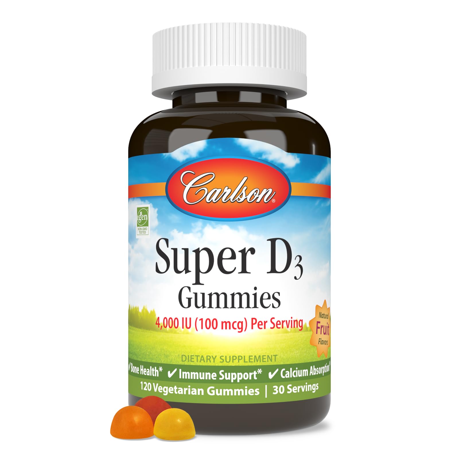 Carlson Super D3 Gummies, bouteille ouverte, soutien quotidien des os et immunité.
