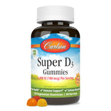 Carlson Super D3 Gummies, bouteille ouverte, soutien quotidien des os et immunité.