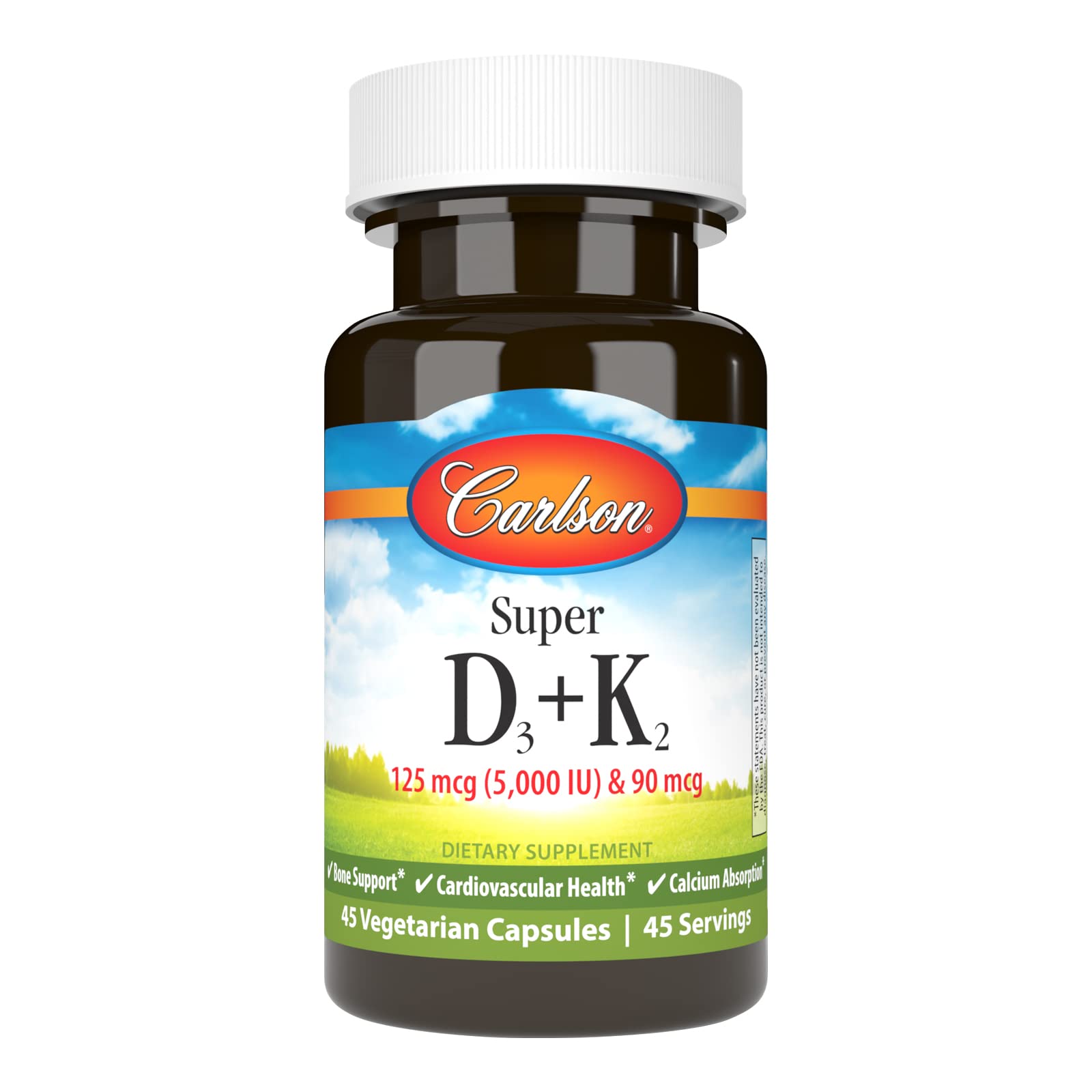 Carlson Super D3 + K2, bouteille et étiquette, soutien potentiel des os