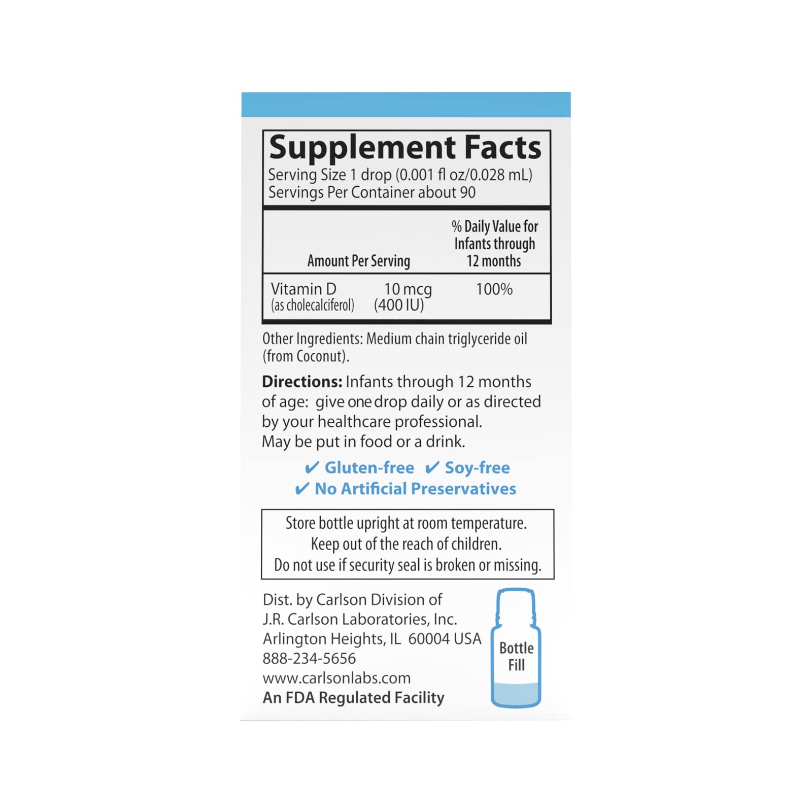 Carlson Super Daily D3 pour bébé — étiquette lisible et dosage clair.