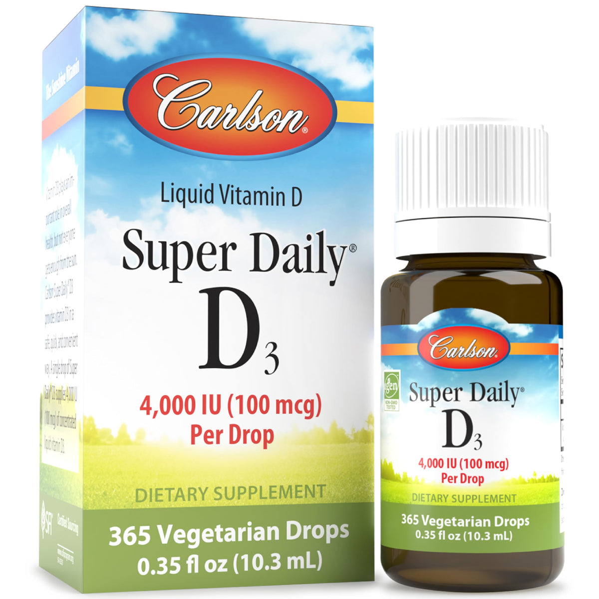 Carlson Super Daily D3 bouteille-10ml, pratique pour doser quotidiennement.