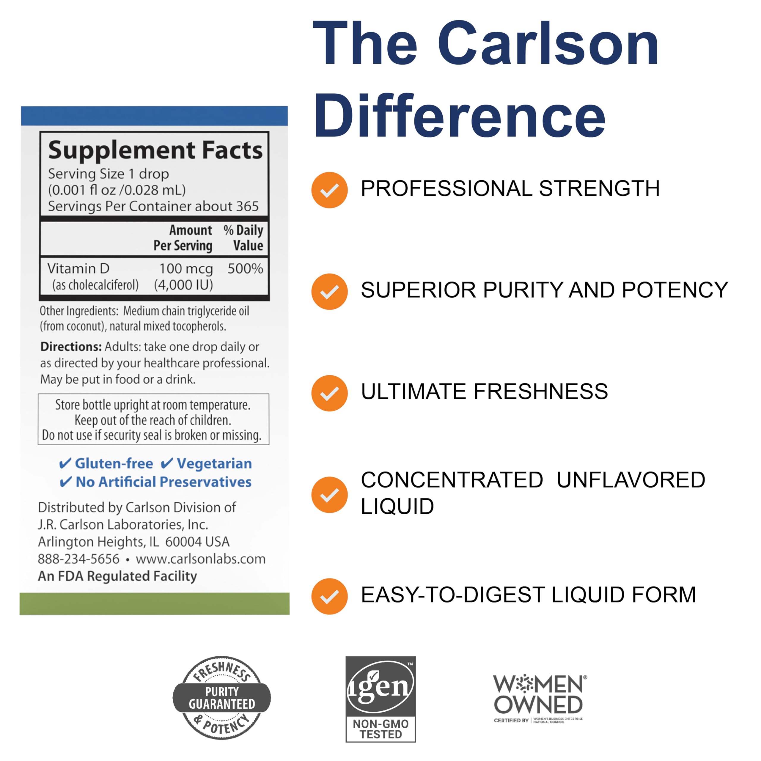 Carlson Super Daily D3 flacon-transparent, visibilité facile du niveau restant.