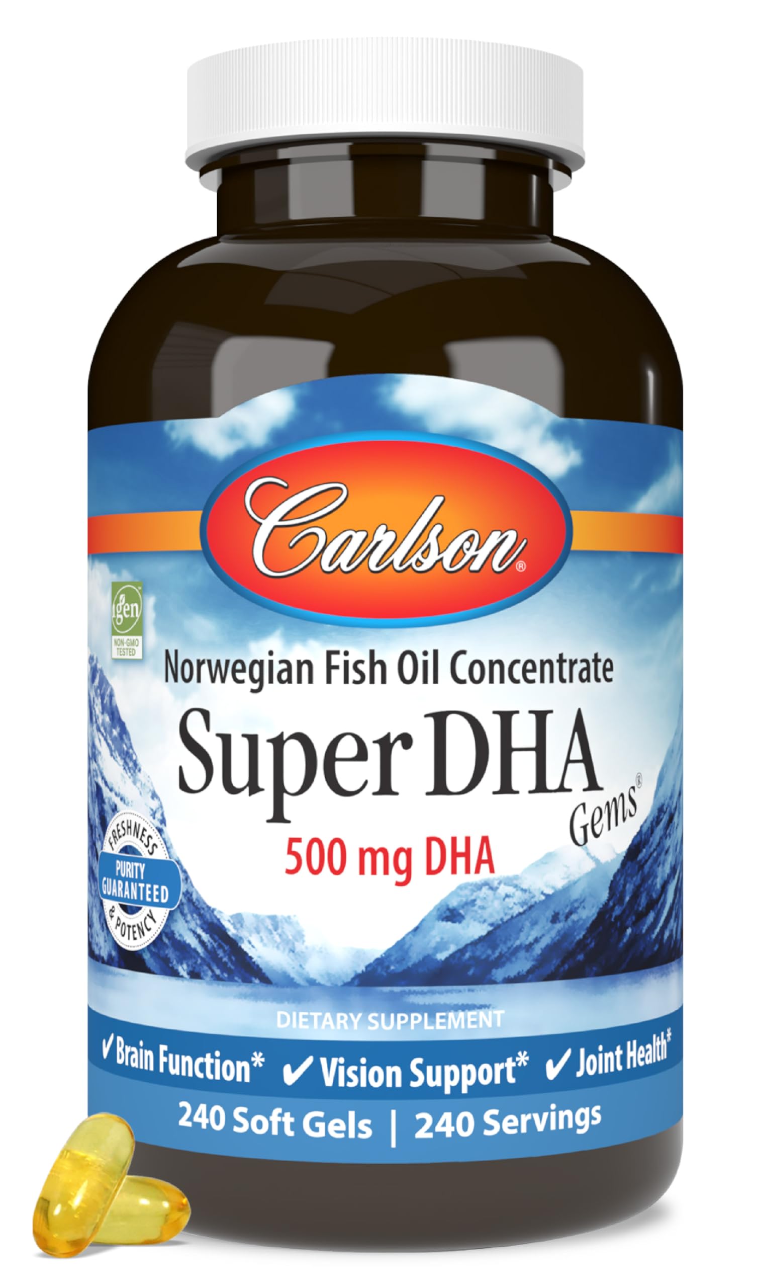 Carlson Super DHA Gems, bouteille montrant des gélules faciles à avaler pour le cerveau.