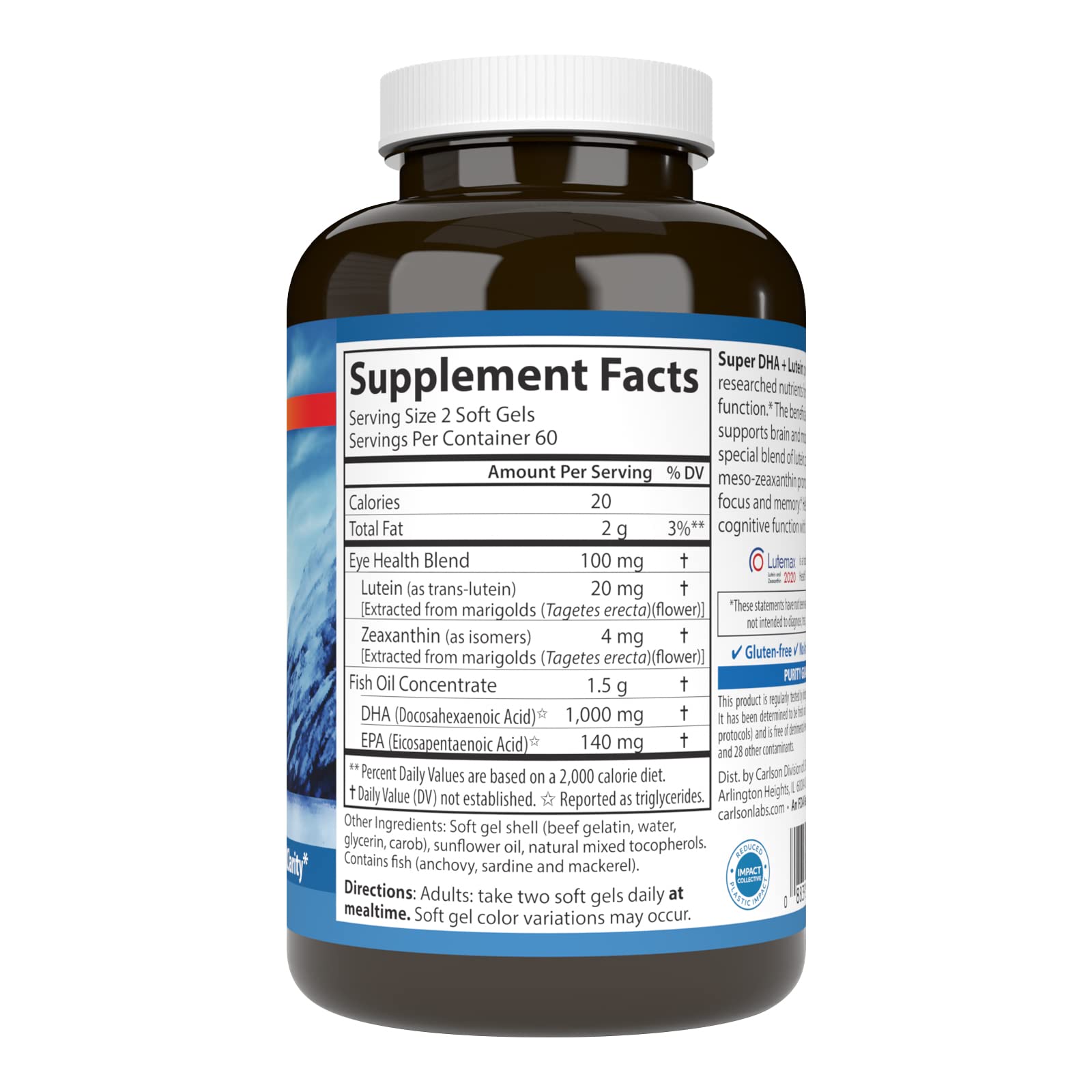 Carlson Super DHA Plus Lutéine – étui : étiquette claire sur les ingrédients.