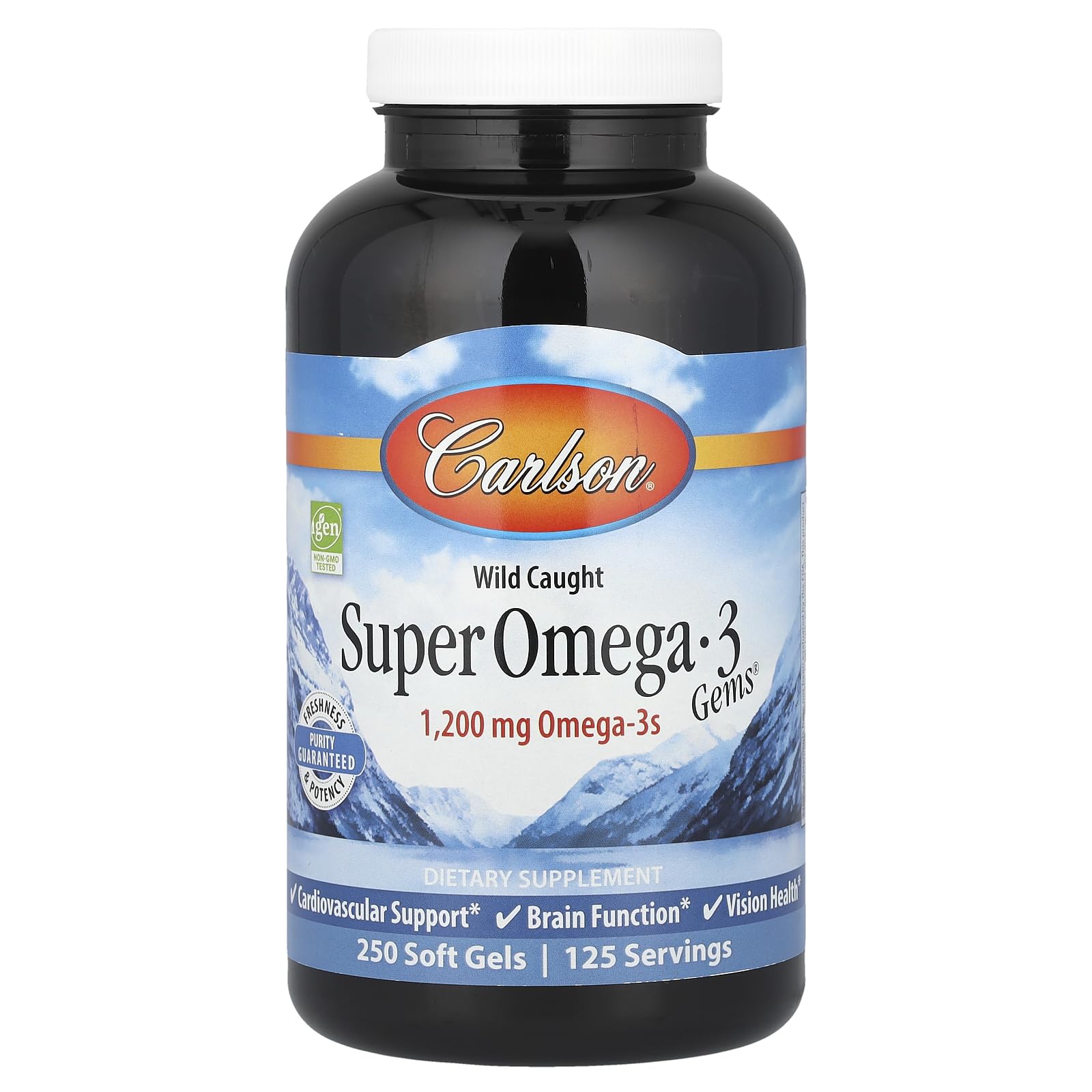 Carlson Super Omega-3 Gems, emballage bouteille, source durable