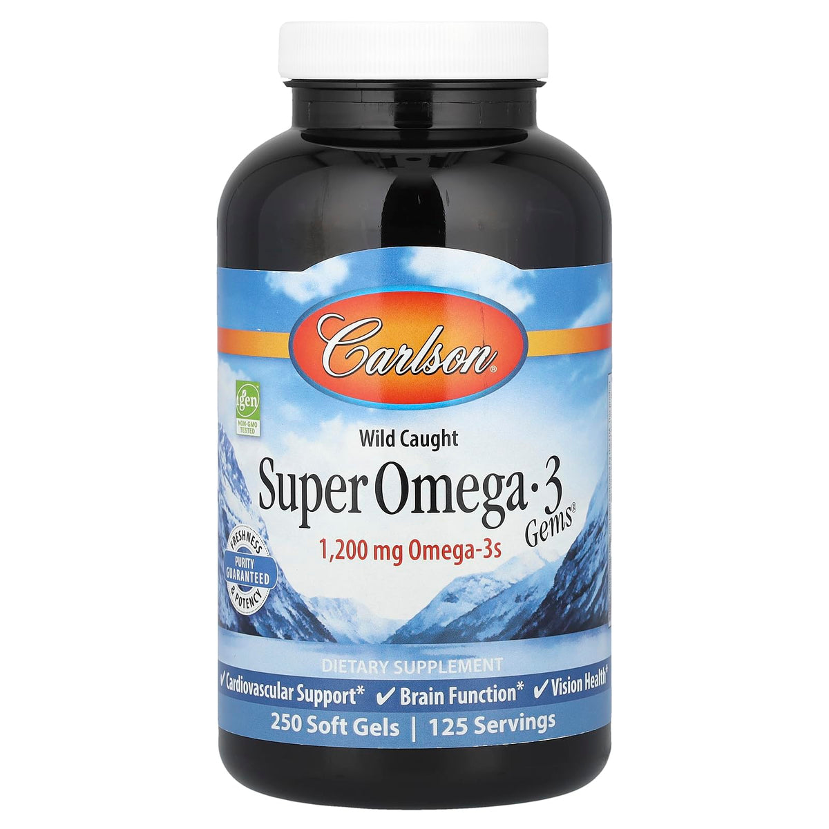 Carlson Super Omega-3 Gems, emballage bouteille, source durable