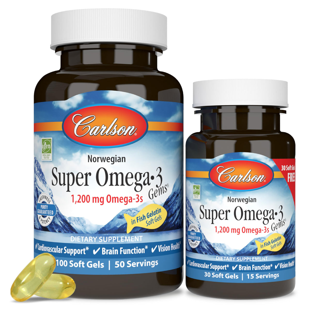 Carlson Super Omega-3 Gems – bouteille; riche en EPA et DHA pour le cœur.