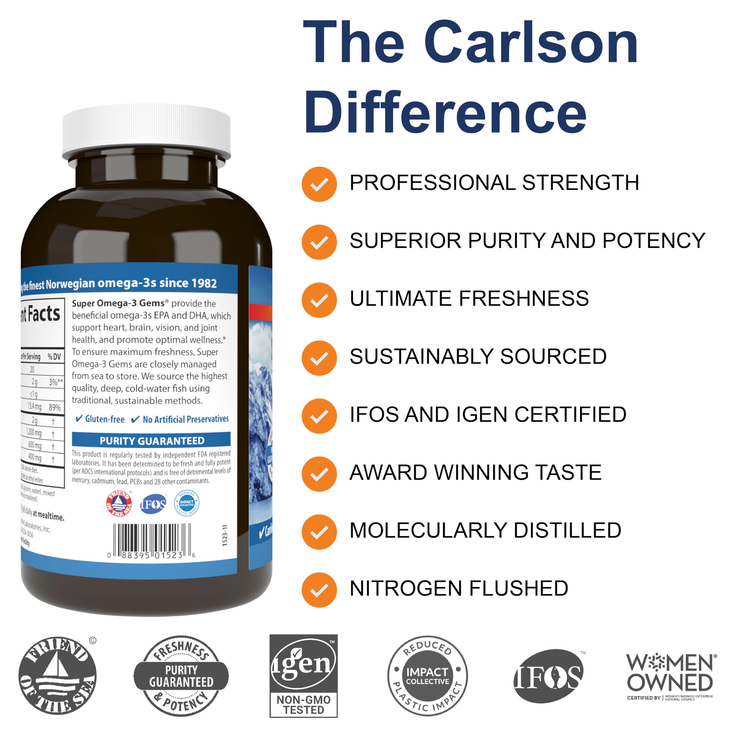 Carlson Super Omega-3 Gems: étiquette informative pour comprendre le dosage quotidien.