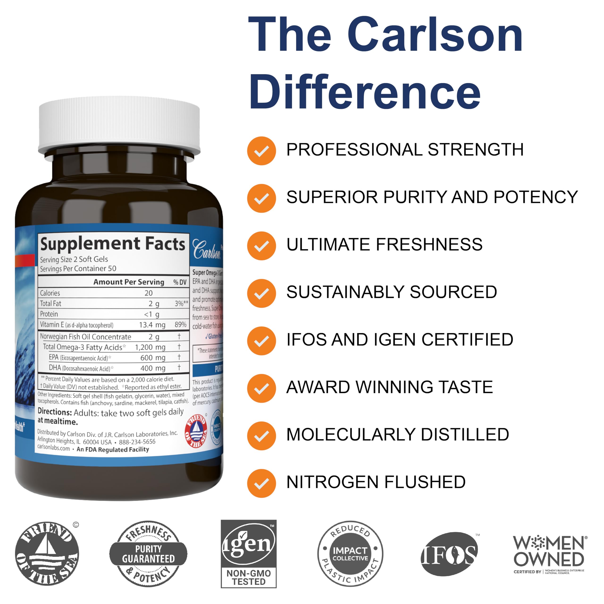 Carlson Super Omega-3 Gems – gelules EPA et DHA favorisent la fonction cérébrale.