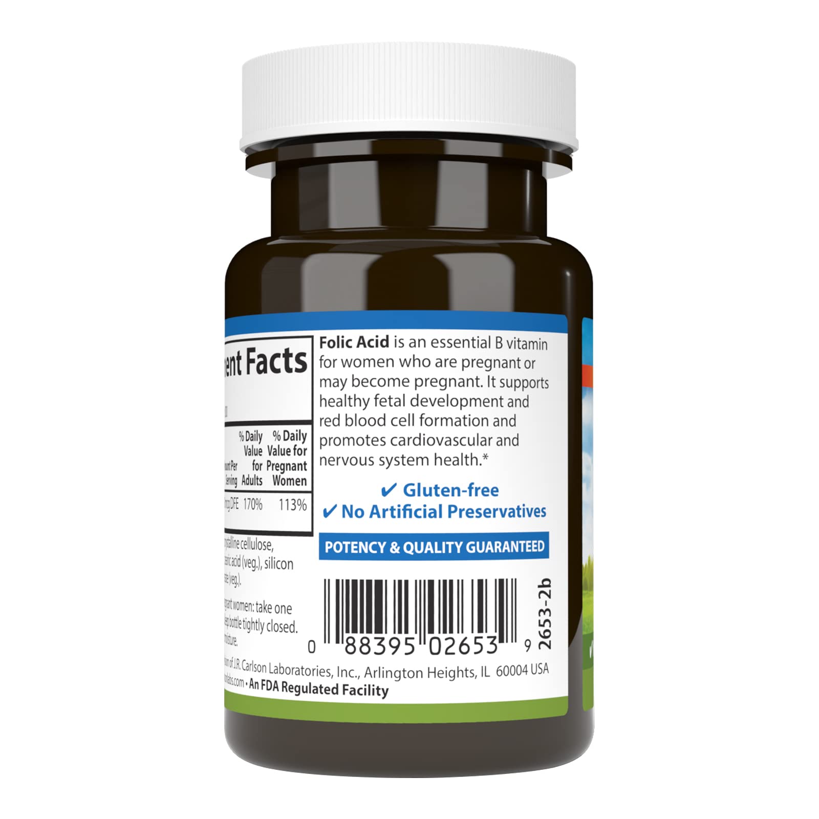 Tablettes Carlson acide folique 400 mcg, support quotidien pour le bien-être prénatal.