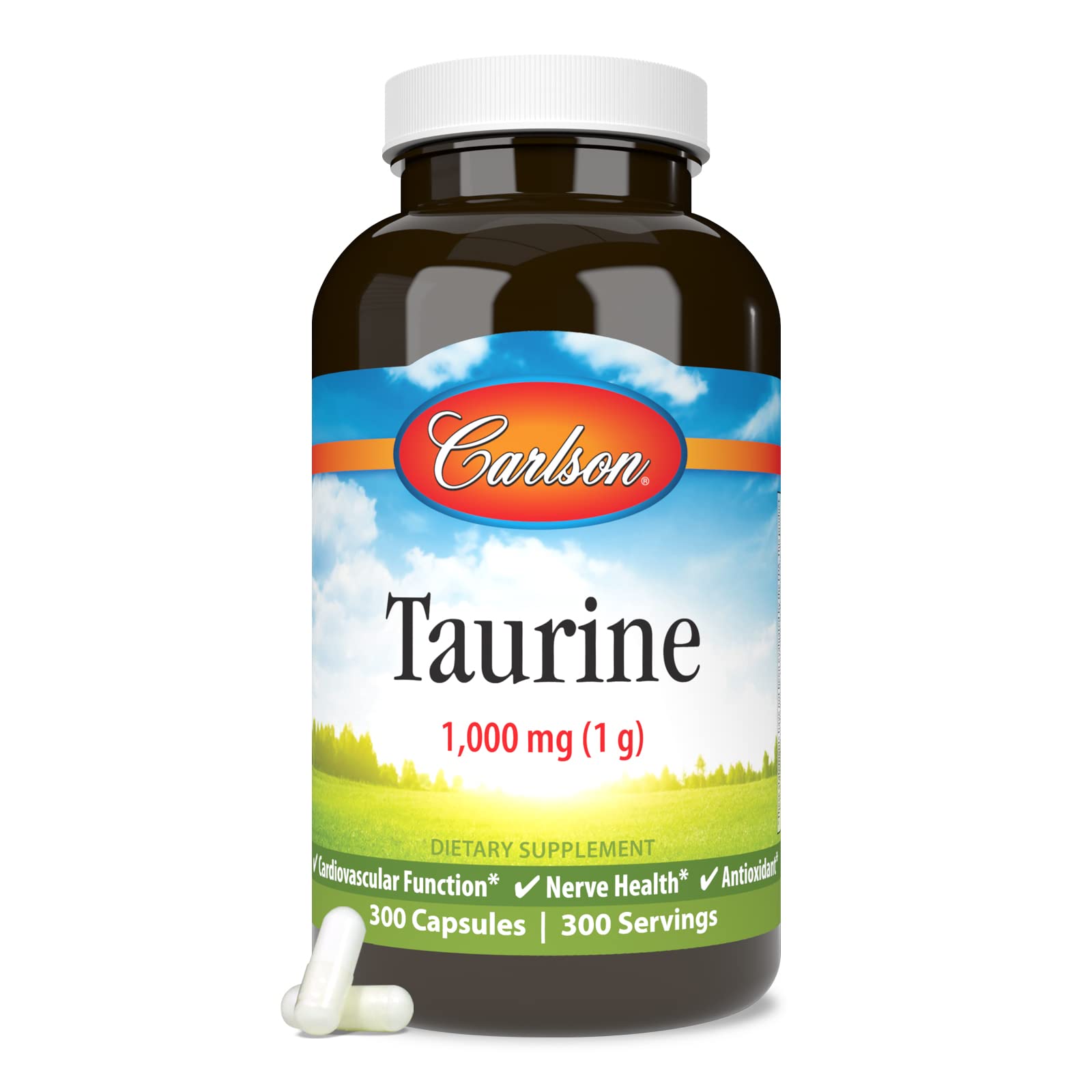 Carlson Taurine: boîte et flacon sur plan de travail, promesse d'utilisation quotidienne.