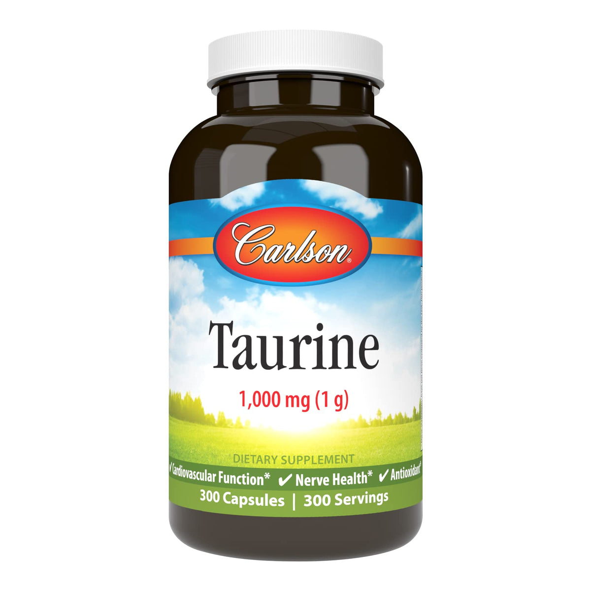 Carlson Taurine: bouteille et capsules, soutien potentiel du système nerveux et de la fonction musculaire.