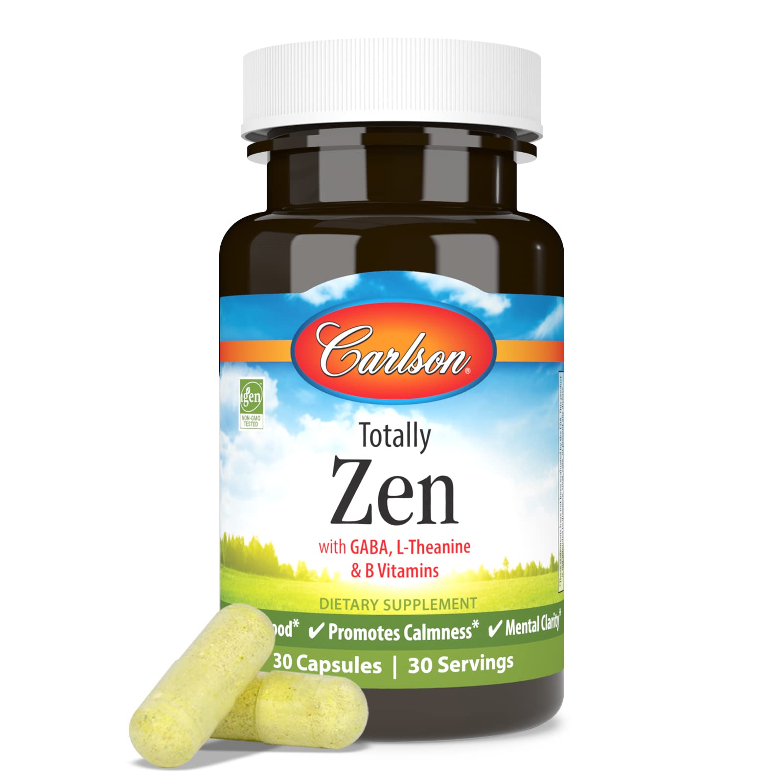 Carlson Totally Zen – vue des ingrédients clés: GABA, L-théanine et vitamines B.