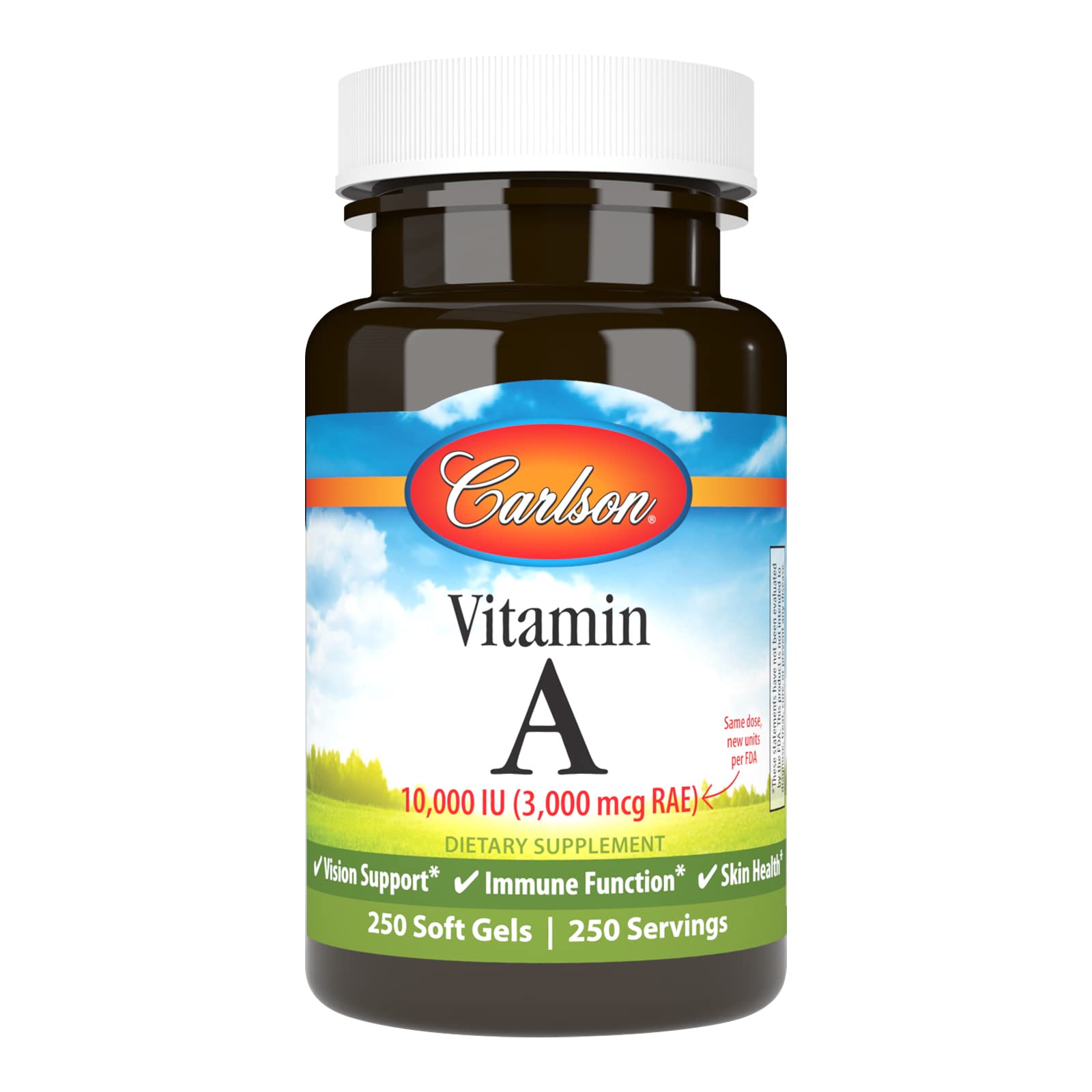 Carlson vitamine A, bouteille, capsules molles, suggérant un soutien potentiel à la vision.