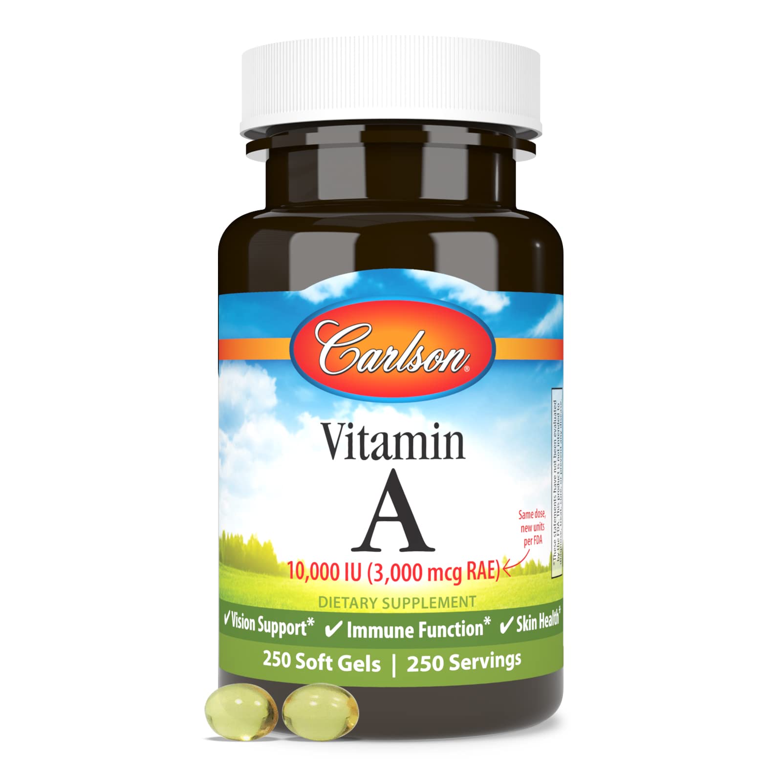 Carlson vitamine A, bouteille ouverte, capsules molles prêtes à être utilisées.