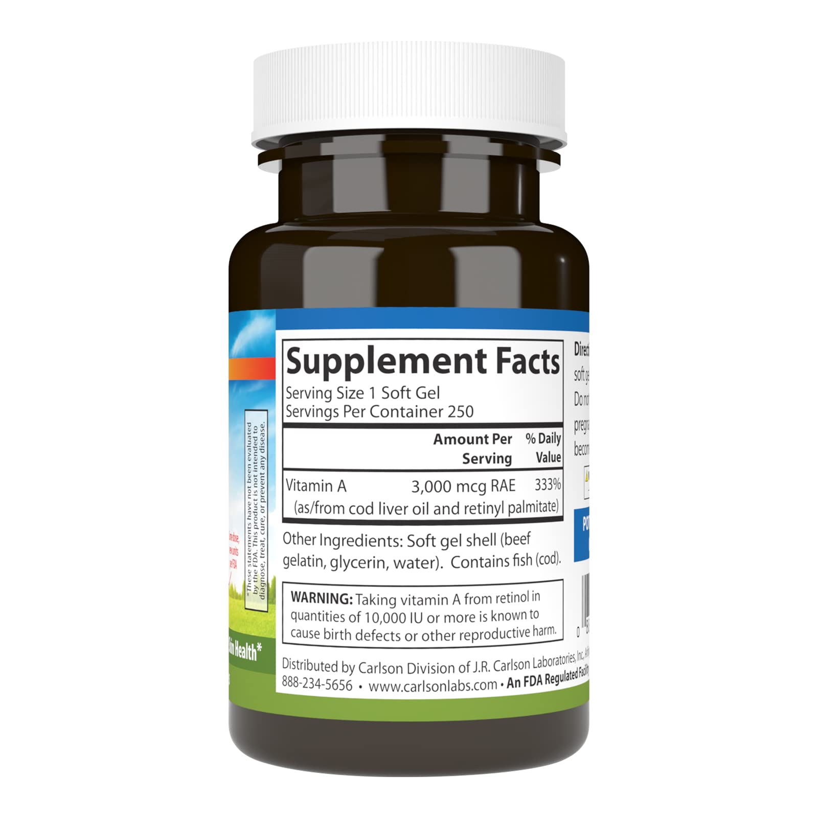 Carlson vitamine A, etiquette sur l'emballage, signe de traçabilité et de qualité.