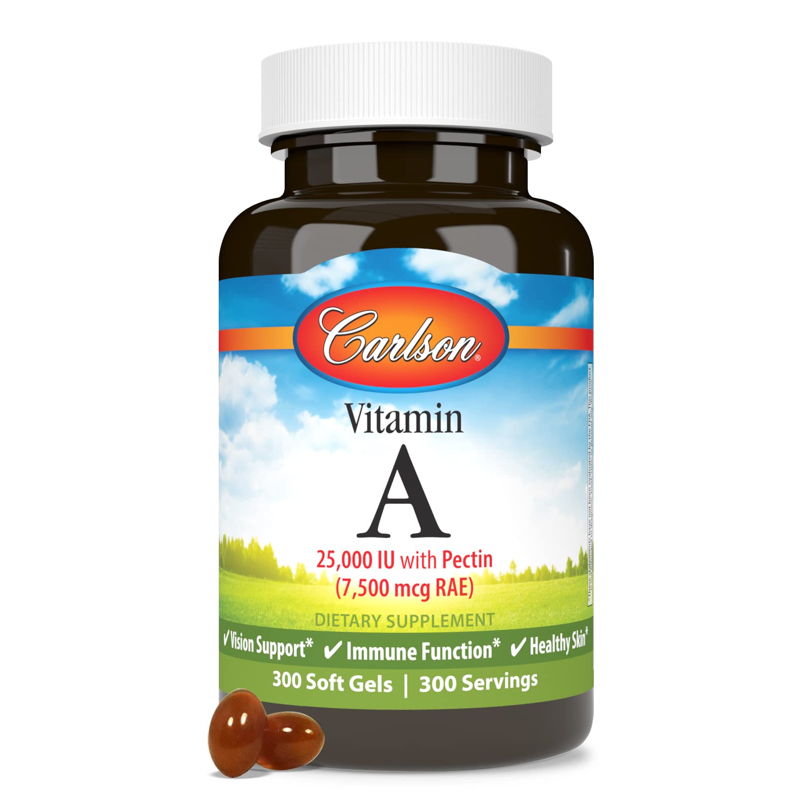 Carlson Vitamine A 25000 UI — emballage et flacon, facile à intégrer à votre routine.