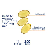 Carlson vitamine A 25000 UI: étiquette claire indiquant le dosage et les bienfaits.