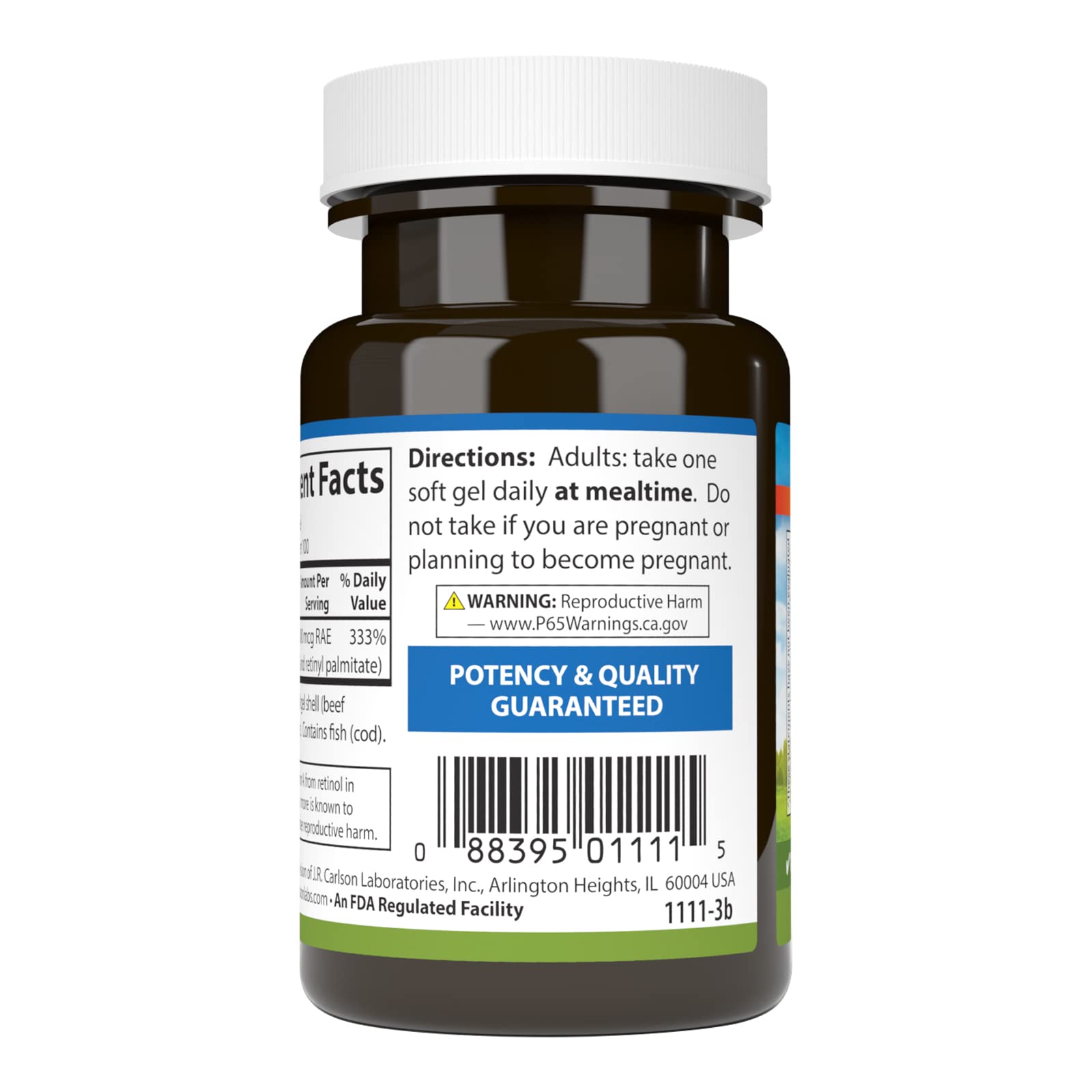 Carlson Vitamine A, étiquette-bouteille, rappelle la sécurité et le contrôle de puissance.