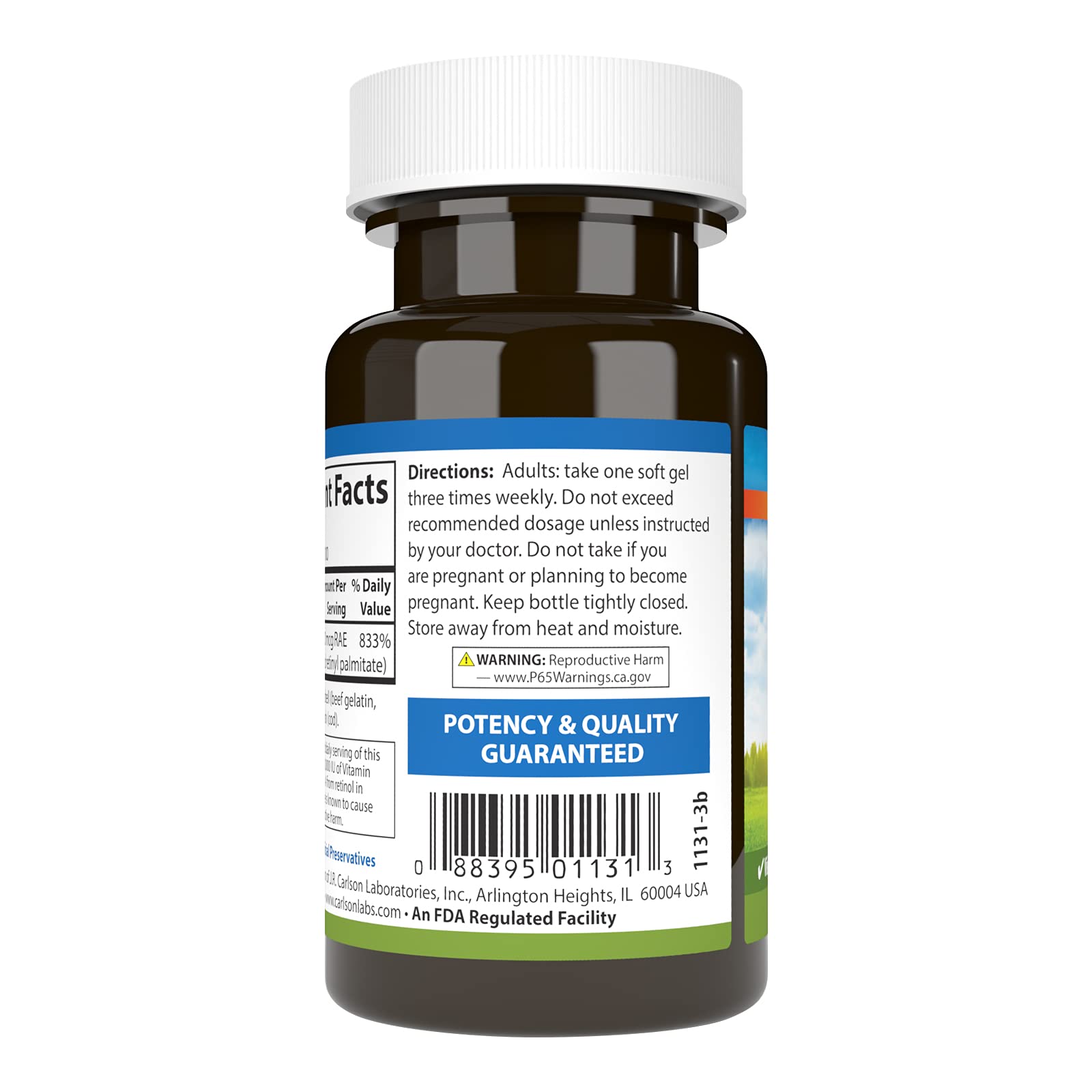 Etiquette Carlson Vitamine A sur l emballage avec information de dosage