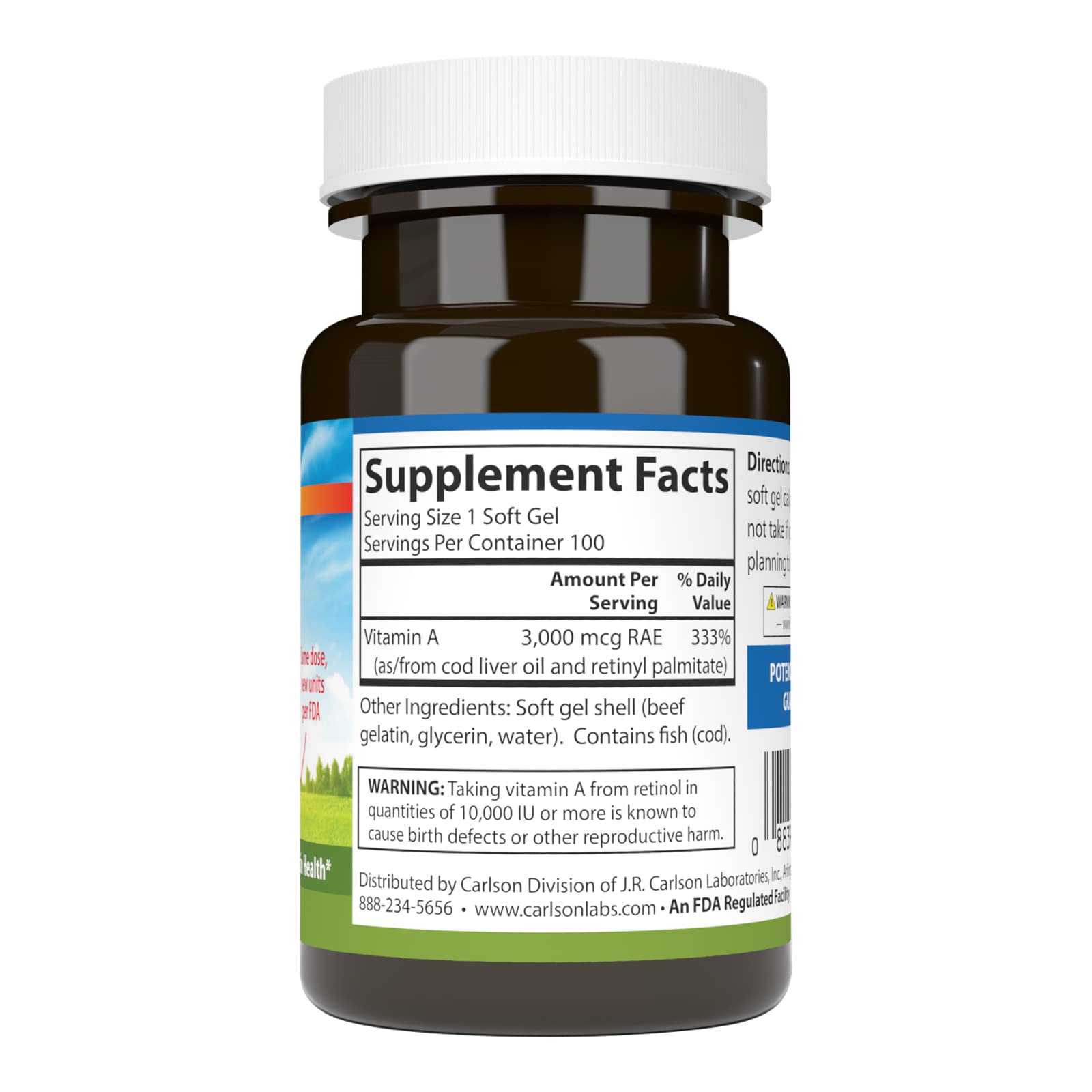 Carlson Vitamine A, gélules molles, dose élevée adaptée à une routine quotidienne.
