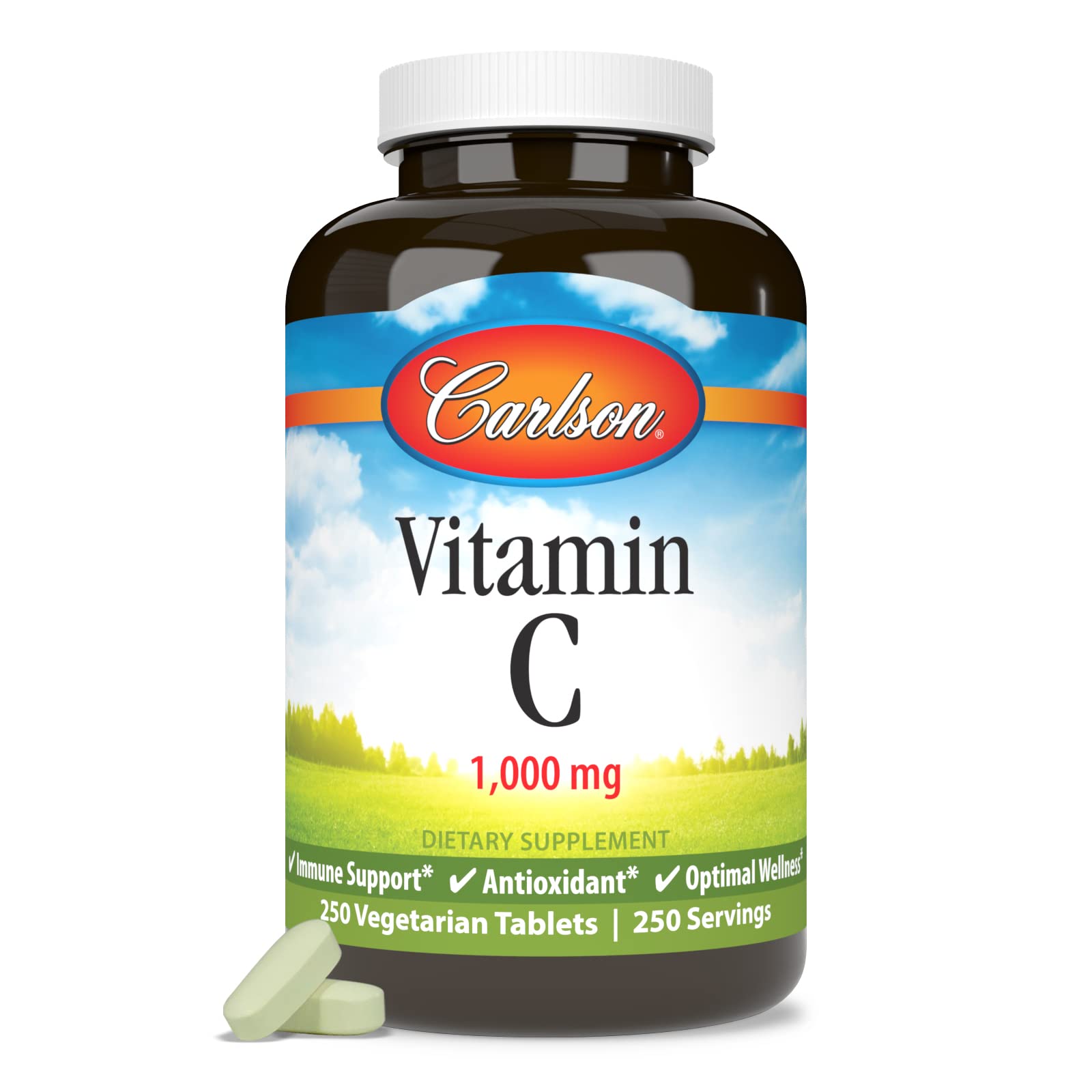 Carlson Vitamine C 1000 mg – boîte ouverte révélant les comprimés faciles à prendre.