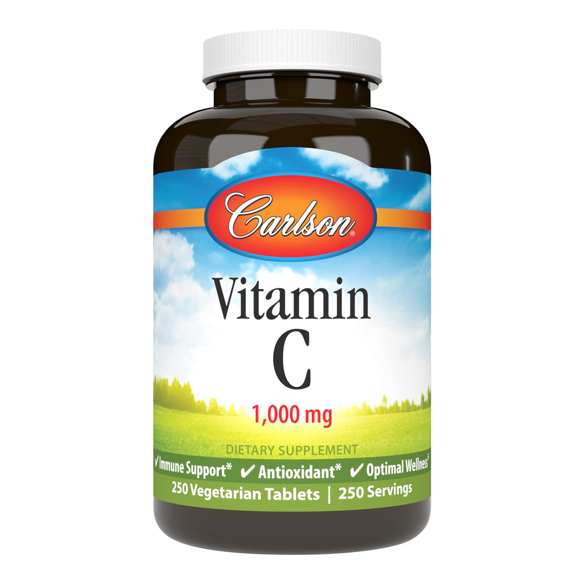 Carlson Vitamine C 1000 mg – bouteille mise en valeur pour le soutien immunitaire.