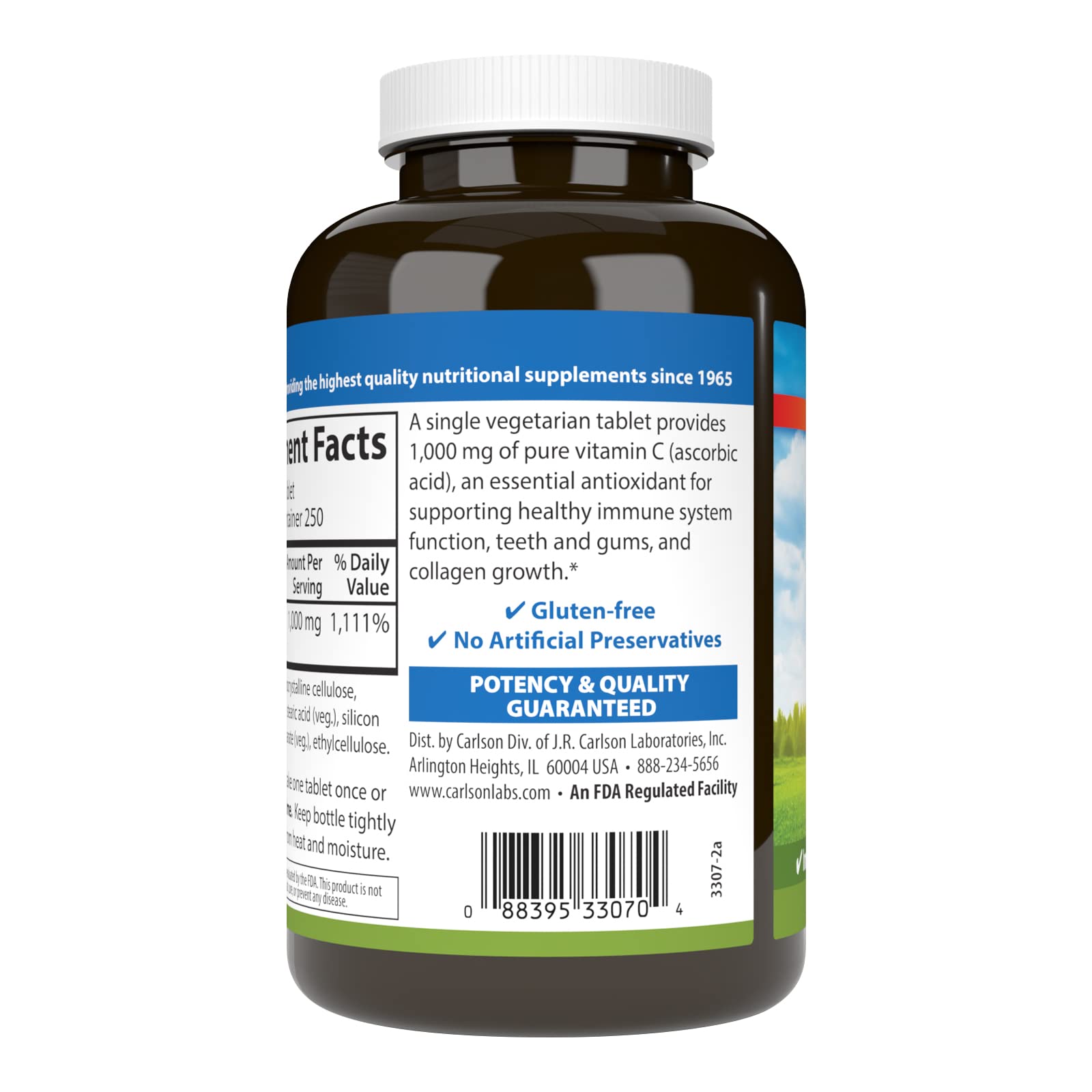 Carlson Vitamine C 1000 mg – étiquette qui souligne pureté et qualité garantie.