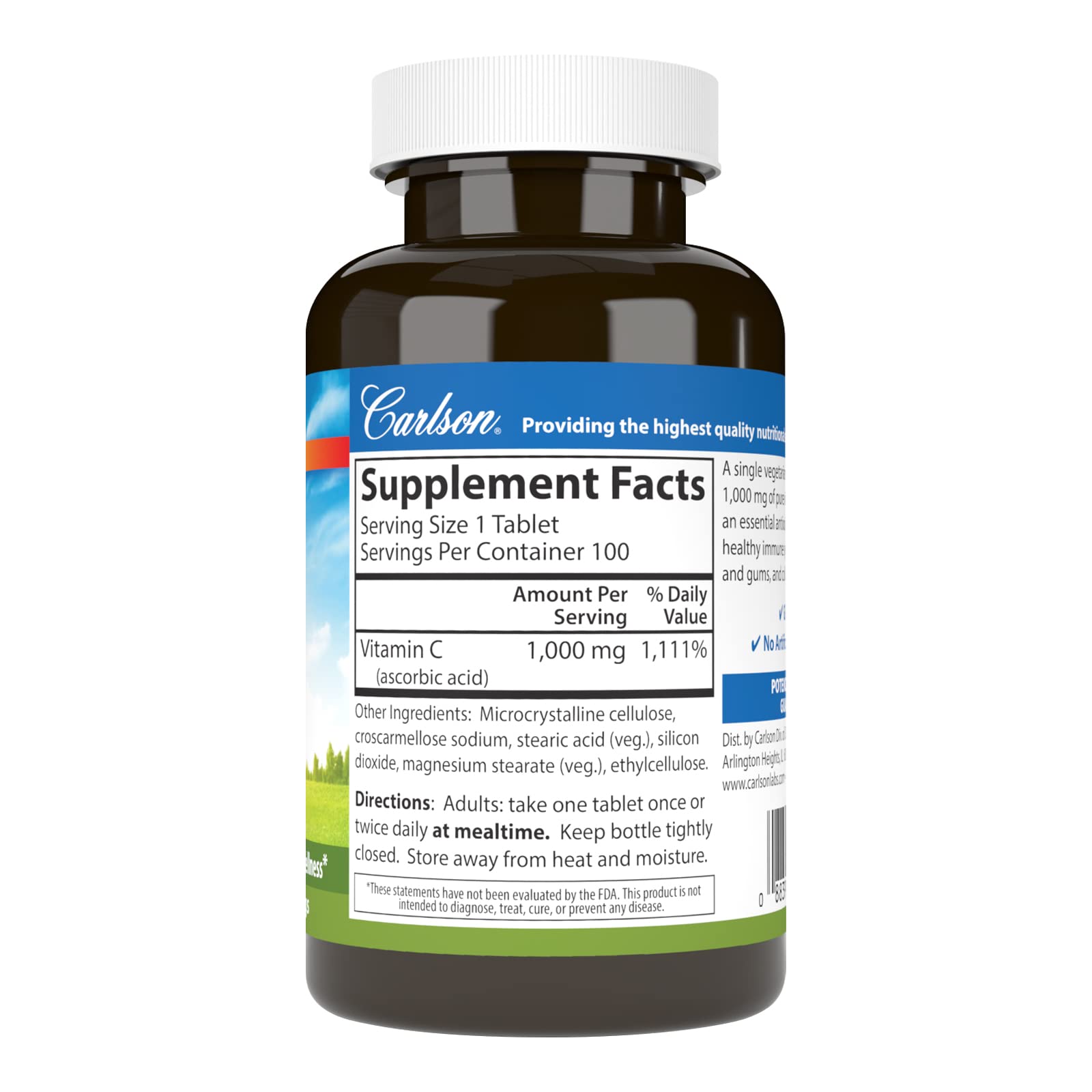 Carlson vitamine C 1000 mg – étiquette lisible pour vérifier les ingrédients.
