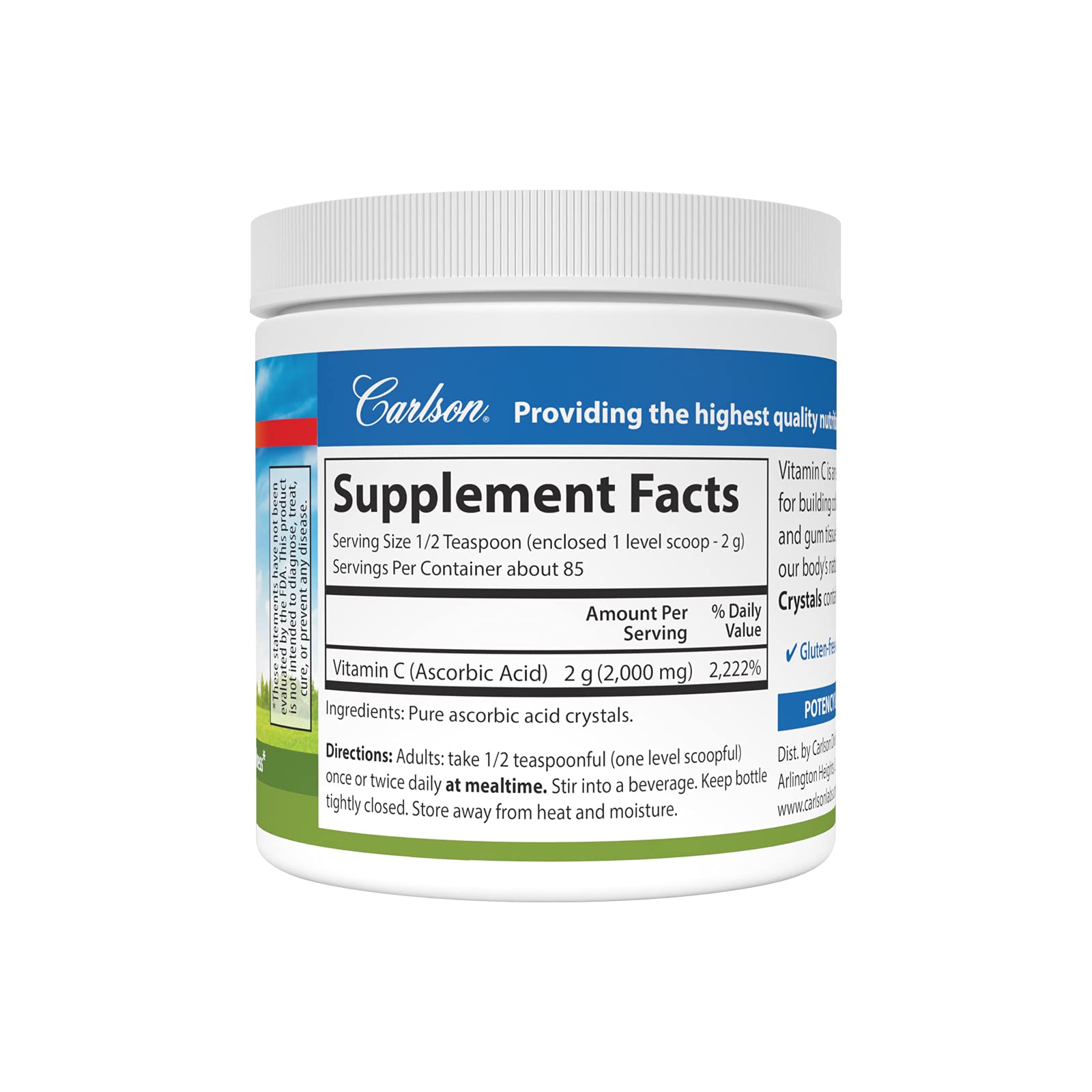 Carlson vitamine C Cristaux Non-GMO avec doseur pratique pour dosage précis.
