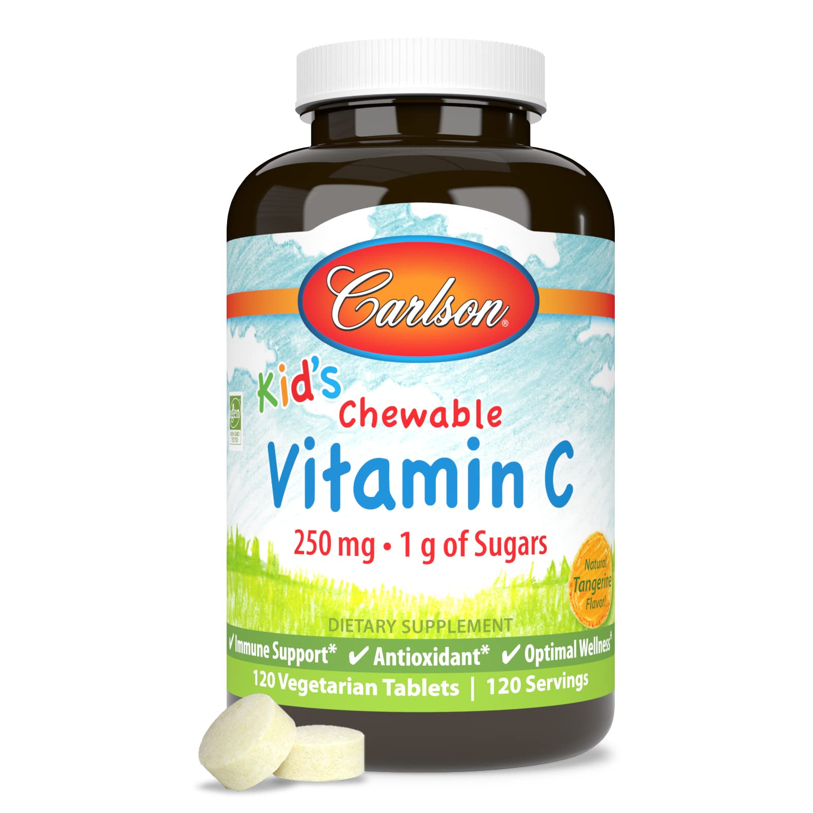 Carlson Vitamine C enfant emballage Tangerine, flacon refermable et facile à ranger
