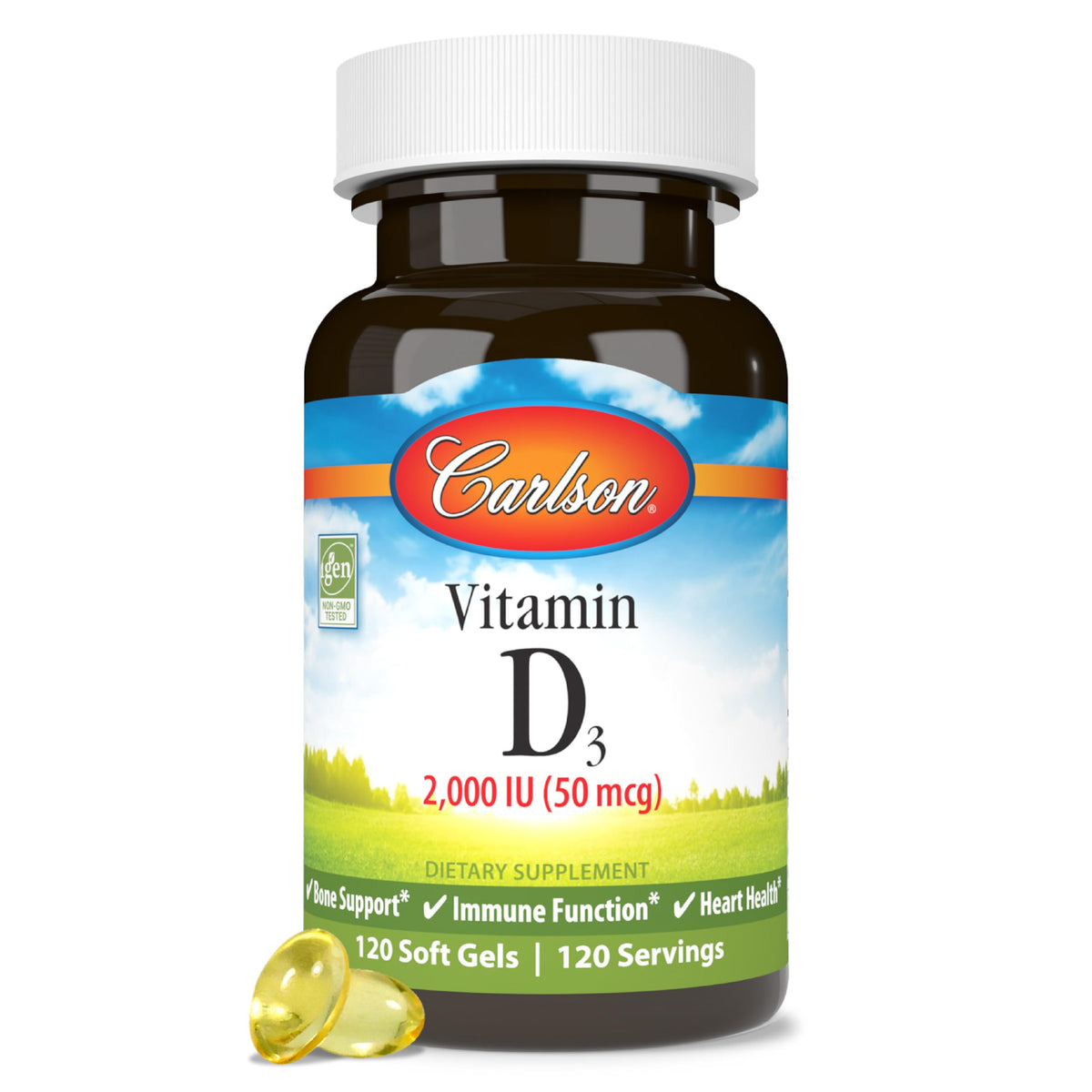 Carlson Vitamine D 2000 UI – bouteille de gélules molles, soutien potentiel du métabolisme du calcium.
